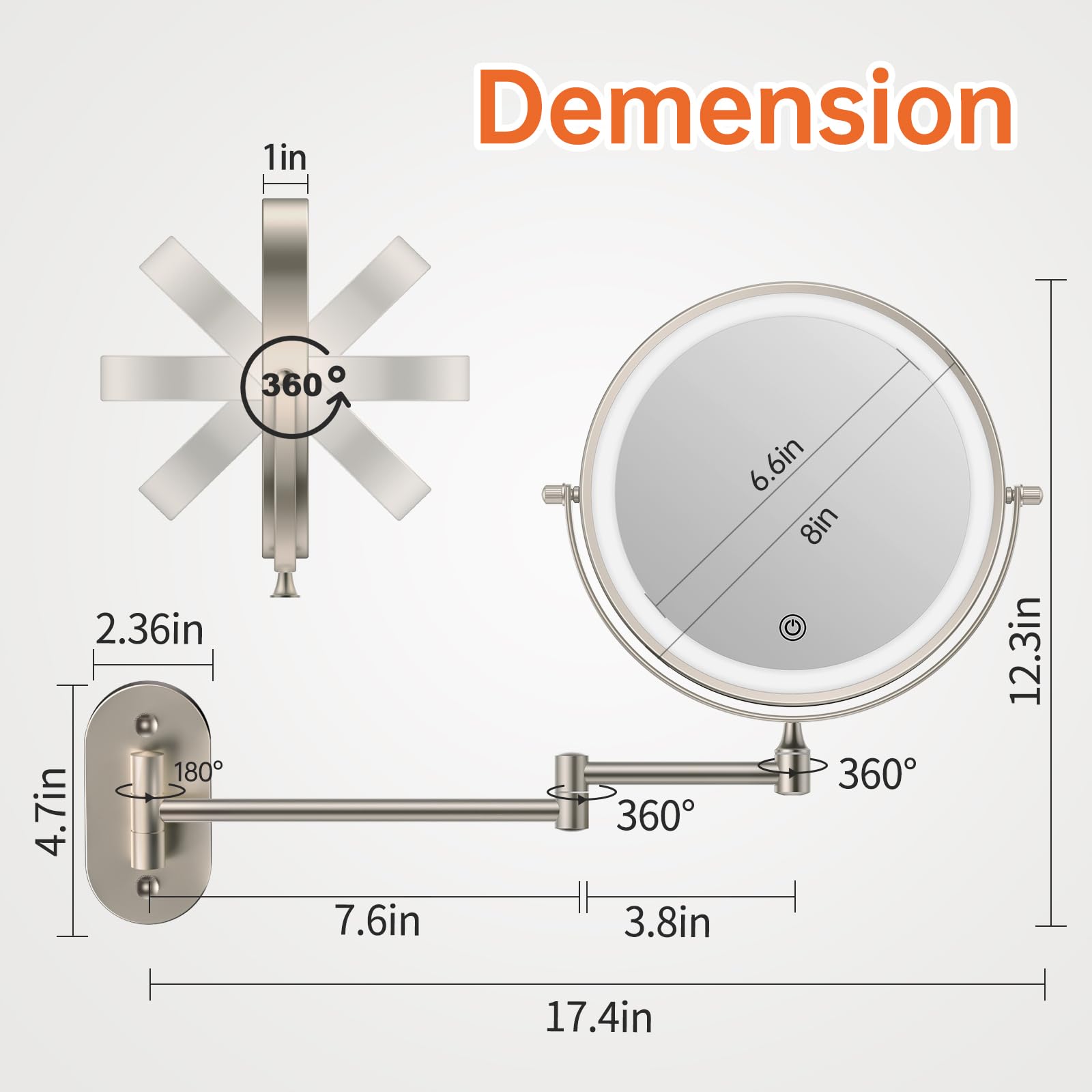 Rechargeable Wall Mounted Lighted Makeup Vanity Mirror 8 Inch Double Sided 1X 10X Magnifying Bathroom Mirror, 3 Color Lighting, Touch Screen Dimming, Extended Arm 360 Rotation Shaving Light up Mirror