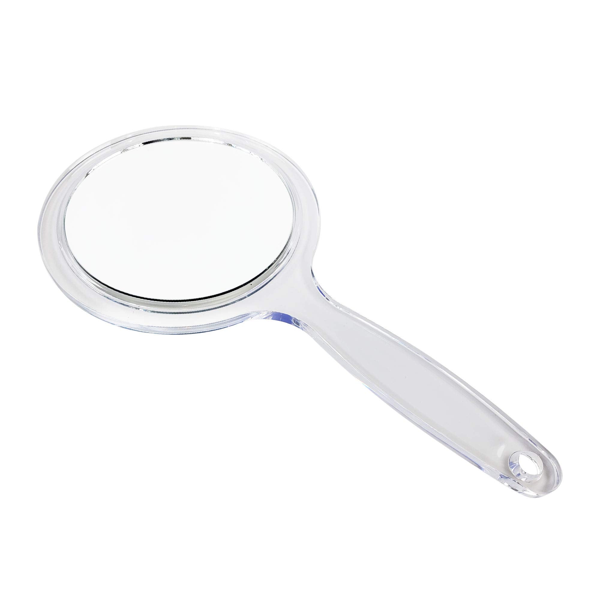 Clear acrylic handheld double sided mirror with a 10X/1X magnification 5.5 diameter