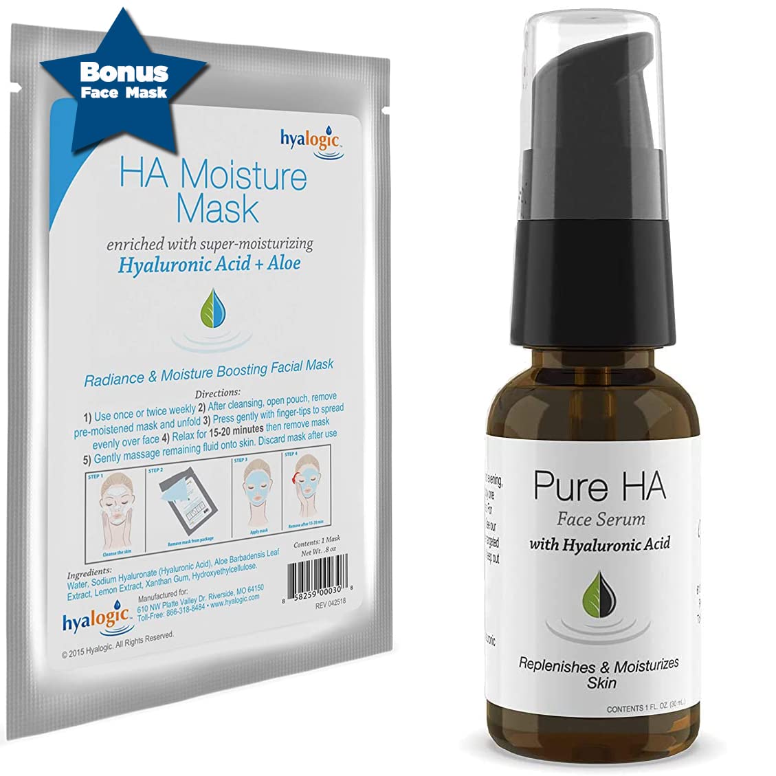 Hyalogic Pure HA Face Serum 1 oz with 1 Hyaluronic Acid Facial Mask - Sensitive Skin - Deep Hydrating, Moisturizing Topical, 1oz Pump - For Women & Men - Rejuvenate & Moisturize