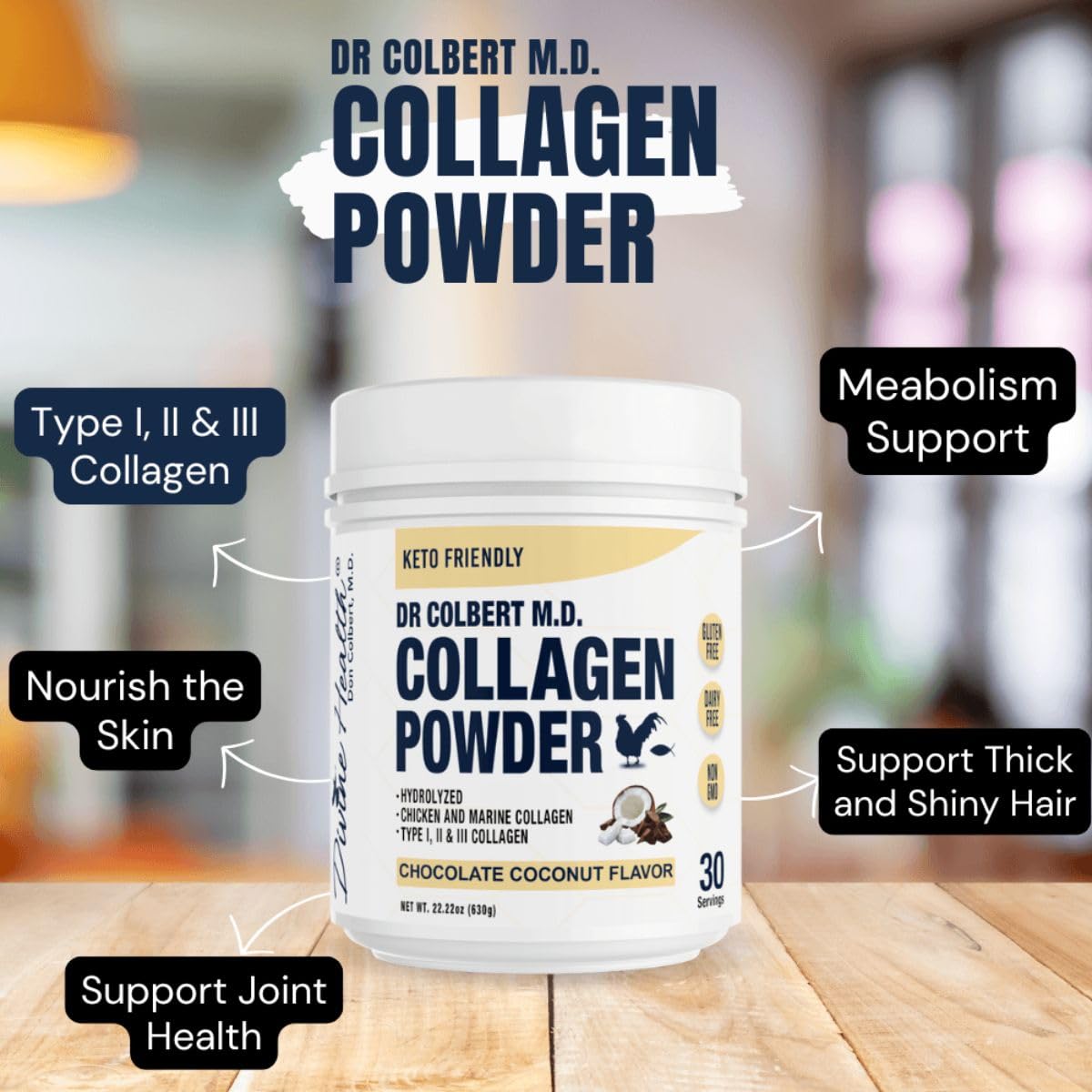 Divine Health Hydrolyzed Collagen Powder | Chocolate Coconut Flavor | Type I, II, III Collagen Peptides | Recommended in Dr. Colbert's Keto Zone Diet | Healthy Hair, Skin, Nails | 30 Servings