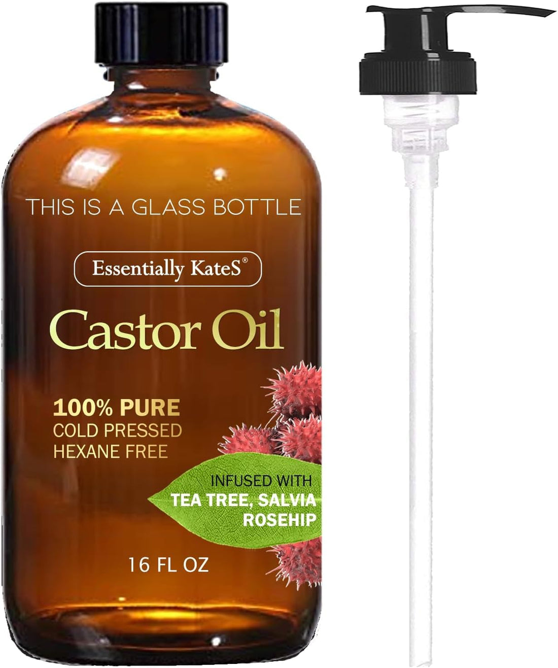 Castor Oil 16 Fl Oz (Glass Bottle) - Tea Tree + Salvia + Rosehip - A Huge Glass Bottle with a Pump - 100% Pure and Natural, Cold Pressed, and Hexane-Free - Hair and Body