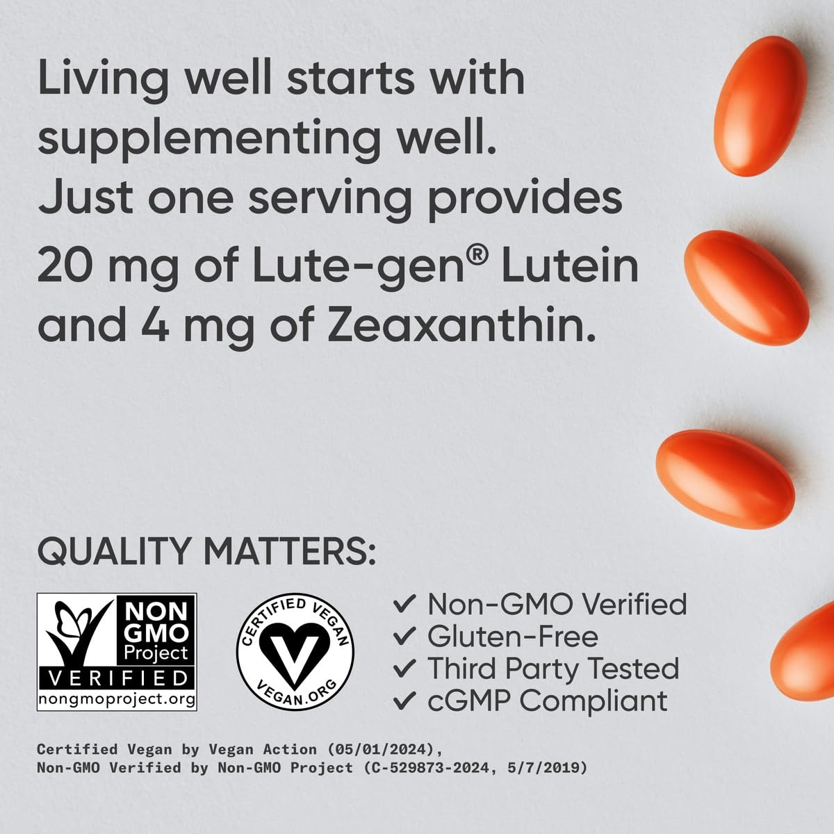 Sports Research Vegan Lutein + Zeaxanthin (20mg) with Organic Coconut Oil for Better Absorption - Supports Vision & Eye Health - Vegan Certified & Non-GMO Verified (120 Softgels)