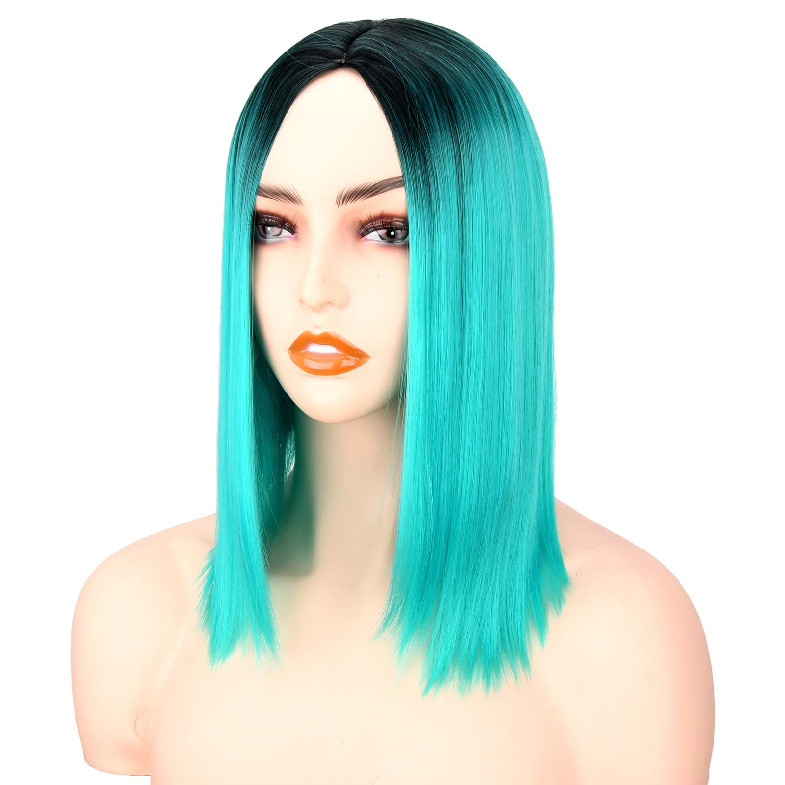 #1B/Blue: Ahairbeauty Ombre Color Short Bob Straight Synthetic None Lace Hair Wigs Dark Roots For Women (Black &Aqua Blue) (#1B/Blue)
