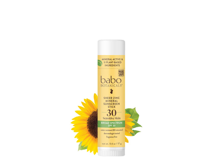 Babo Botanicals Sheer Zinc Mineral Sunscreen Sport Stick SPF30- Natural Zinc Oxide- Shea Butter- Fragrance-Free - Water Resistant - MADE SAFE Certified
