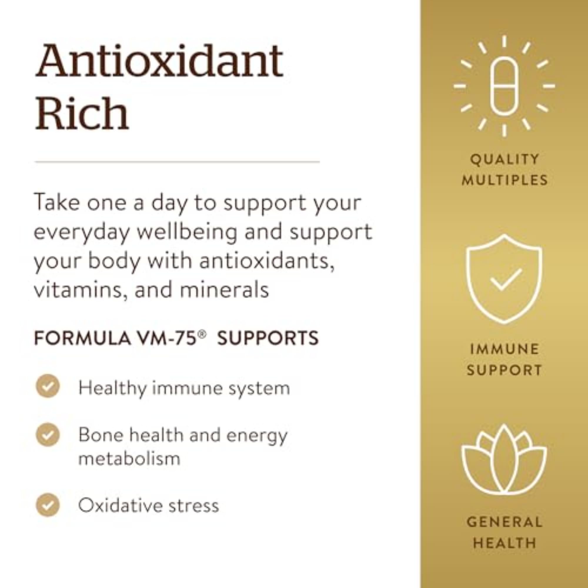 Solgar Formula VM-75, 90 Tablets - Multivitamin with Chelated Minerals - Vitamin A, B6, B12, C, D, E - Biotin, Magnesium, Calcium, Iron, Zinc, - Vegan, Gluten Free, Dairy Free, Kosher - 90 Servings