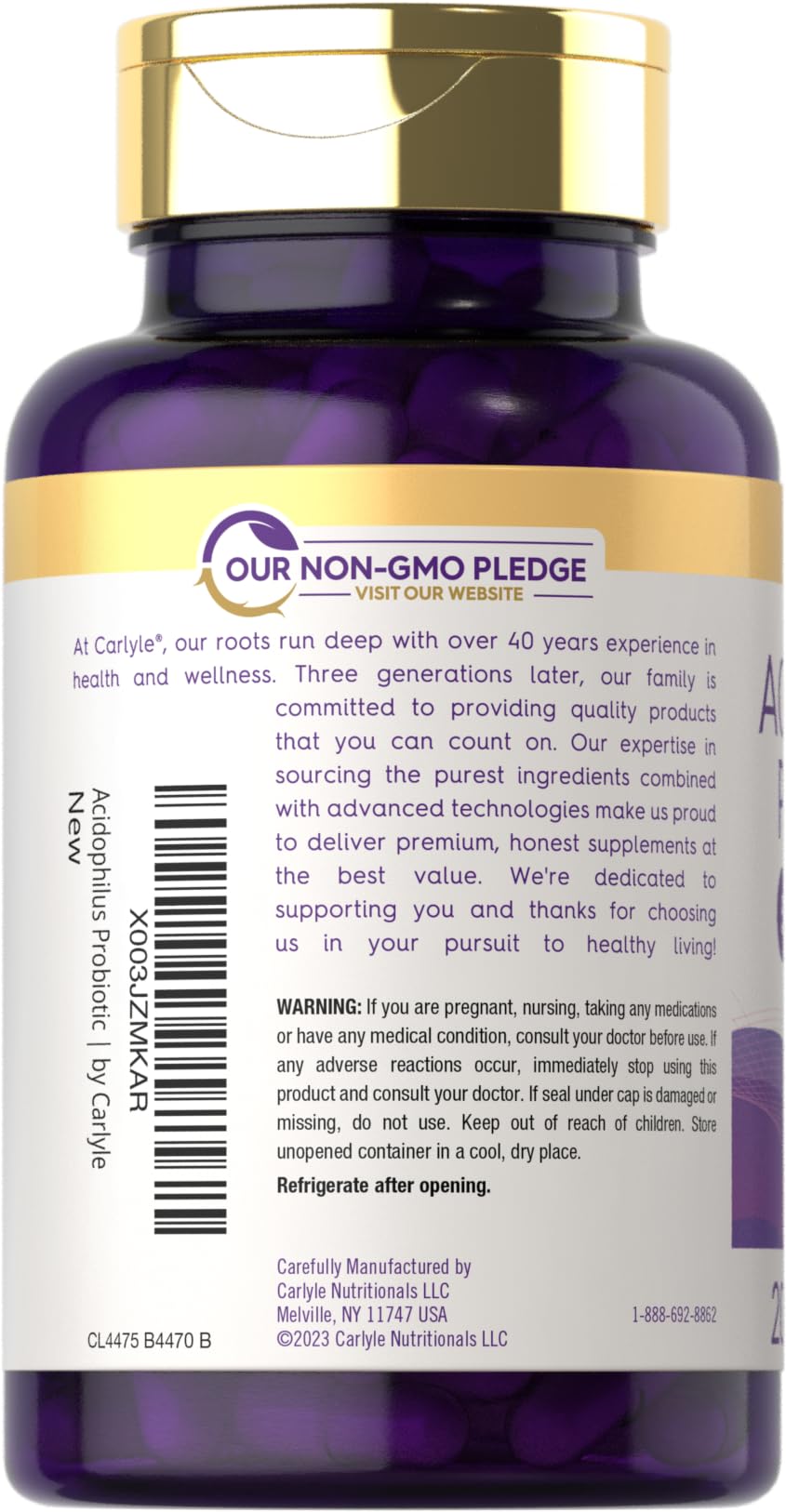 Carlyle Acidophilus Probiotic Capsules for Women and Men | 500 Million CFU | 200 Pills | Lactobacillus Supplement | Non-GMO and Gluten Free