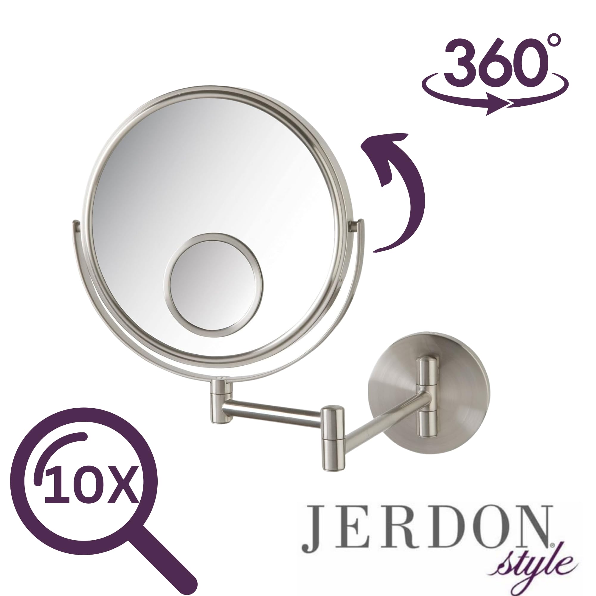 Jerdon JP7510N 8-Inch Wall Mount Makeup Mirror with 10x and 15x Magnification, Nickel Finish