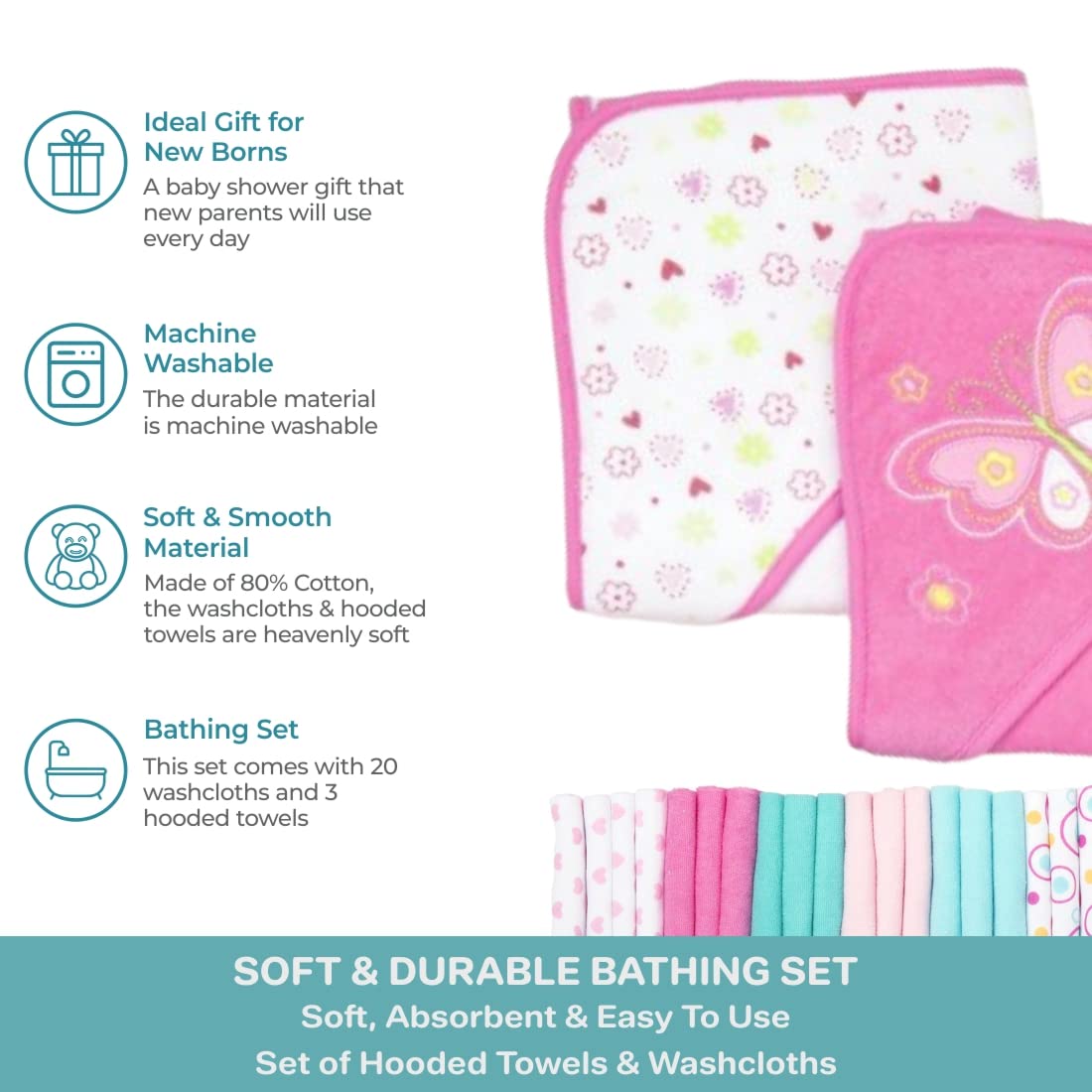 Spasilk Bath Hooded Towels & Washcloths Set for Babies, 23-Piece Gift Set, Pink Butterfly, (Gift GBA23 07)