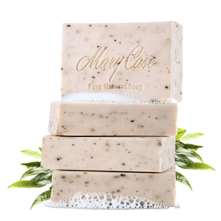 Mary Case All Natural Bar Soap for Men & Women (Set of 4) - Tea Tree Body Soap Bars with Olive, Coconut, Tea Tree Oils & Leaves - Vegan Bath Soaps for Balancing Oily Skin & Clearing Pores
