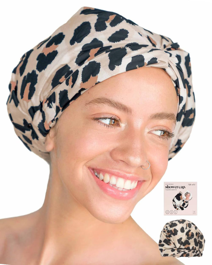 Kitsch Luxury Shower Cap for Women - Waterproof, Reusable Shower Caps (Leopard)