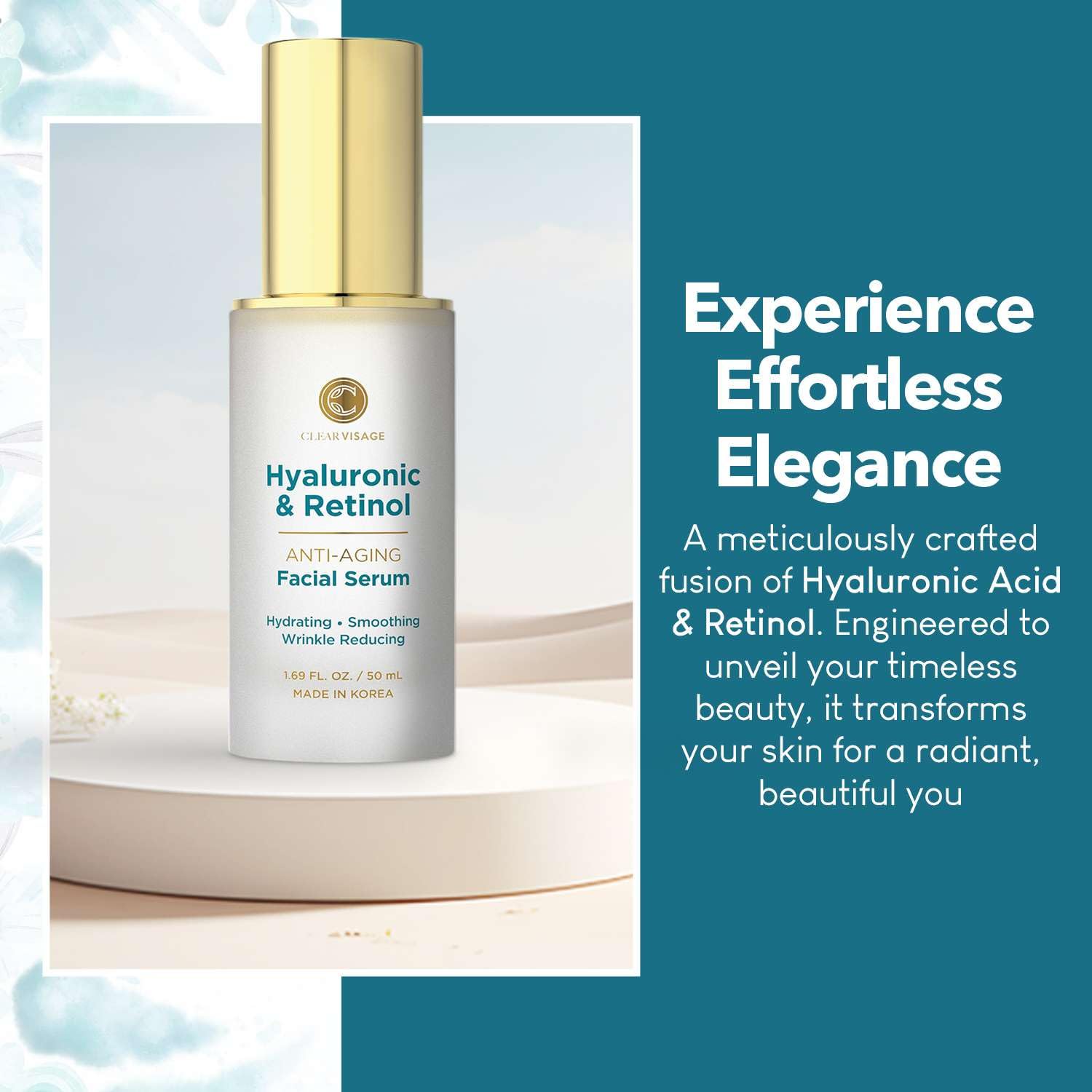 Clear Visage Hyaluronic Acid & Retinol Serum - Revitalizing Anti-Aging, Radiant Glowing Complexion, Wrinkle Reduction - Dermatologist Tested, Korean Skin Care, Clean Beauty - 1.69 fl. oz