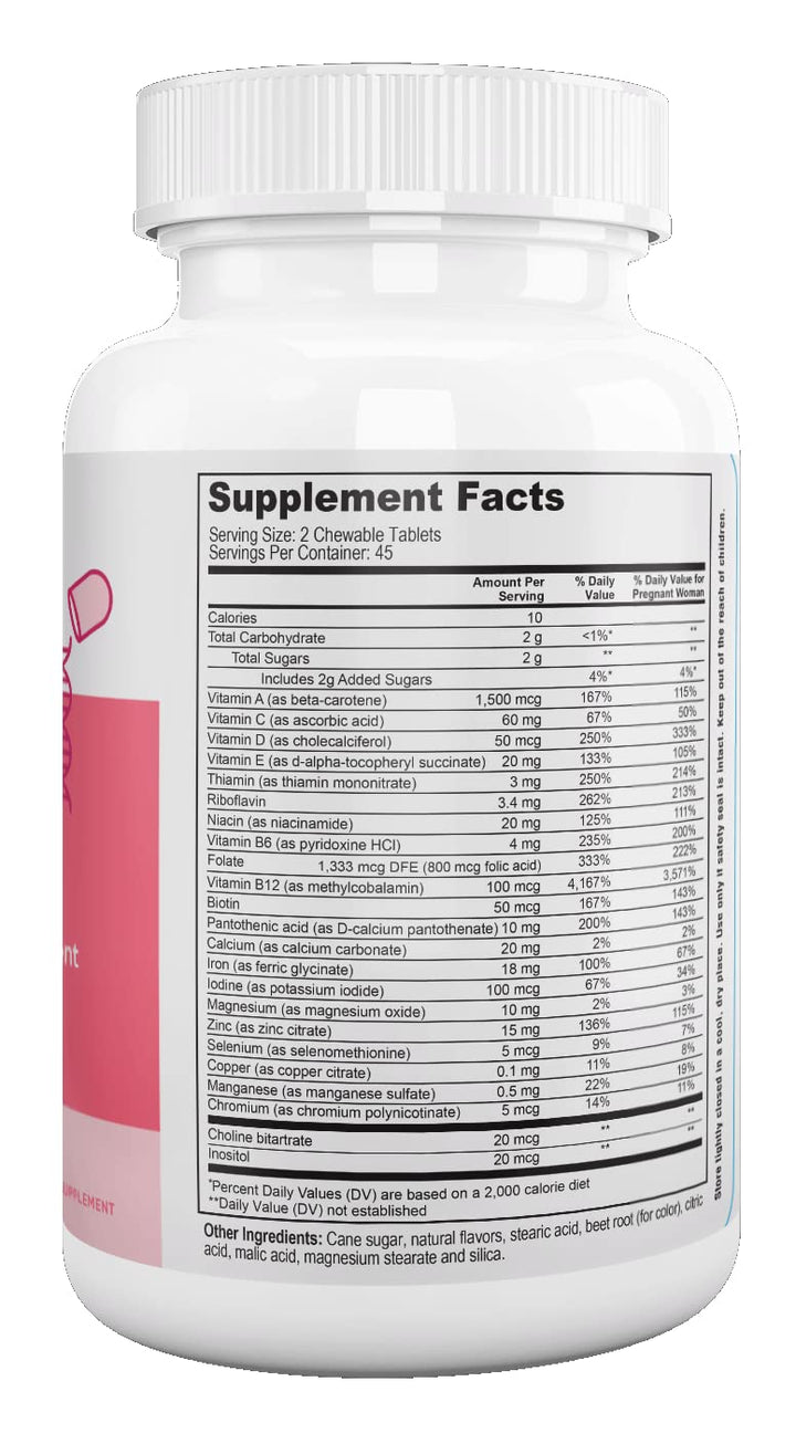 Nutri Supreme Prenatal Vitamin, Chewable Prenatal Vitamins for Women with 800 MCG of Folate, Complete Pregnancy Multivitamin with Iron, Kosher, Cherry Flavor, 90 Count