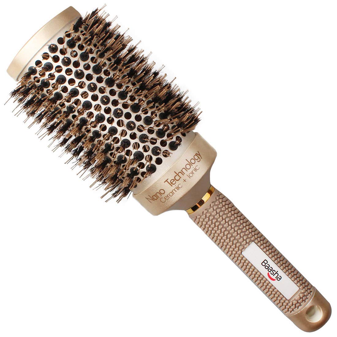 Baasha Large Round Brush with Boar Bristles 3.3 inch, Blow Dryer Hair Brush for Curly Hair, Hair Straightening Brush Nano Technology Ceramic Ionic for Perfect Volume Shine and Anti Frizz, Gold Brown