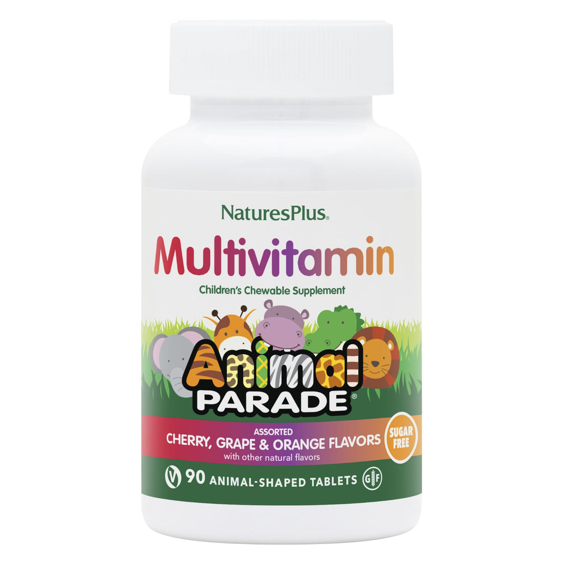 Natures Plus Animal Parade Sugar-Free Children's Multivitamin - Assorted Cherry, Grape & Orange Flavors - Pack of 2, 90 Chewable Tablets - 90 Total Servings