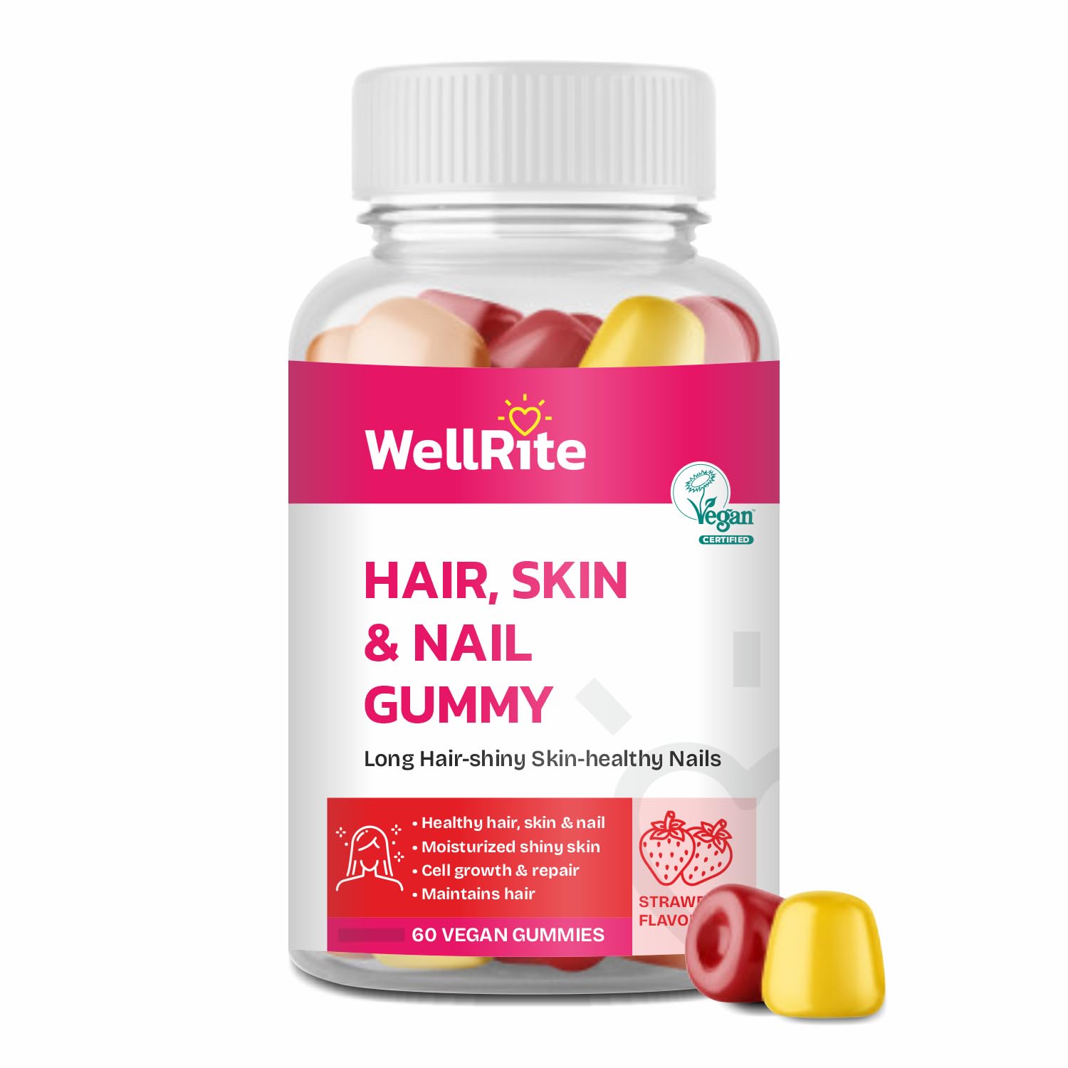 Wellrite Hair, Skin & Nail Gummy Vitamins, 60 Count, Strawberry Flavored, Vegan, Gelatin Free, Gluten Free, Nut Free, Long Hair, Shiny Skin, Healthy Nails, Cell Growth & Repair