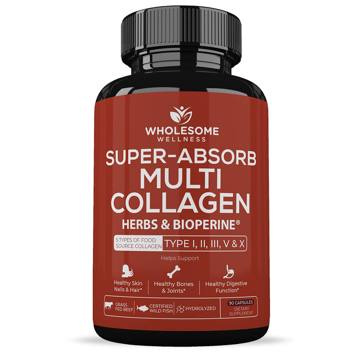 Wholesome Wellness Super-Absorb Multi Collagen Pills (Type I II III V X) Organic Herbs & Bioperine - Hair, Skin, Nails, Joints - Hydrolyzed Peptides Protein Supplement for Women & Men (90 Capsules)