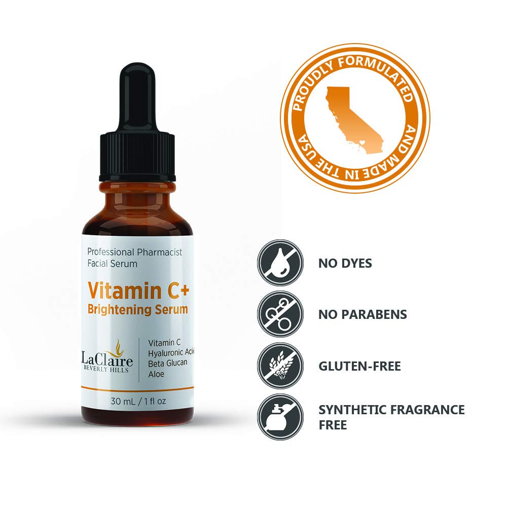 LaClaire Vitamin C+ brightening serum for face, with Hyaluronic acid, Made in the USA