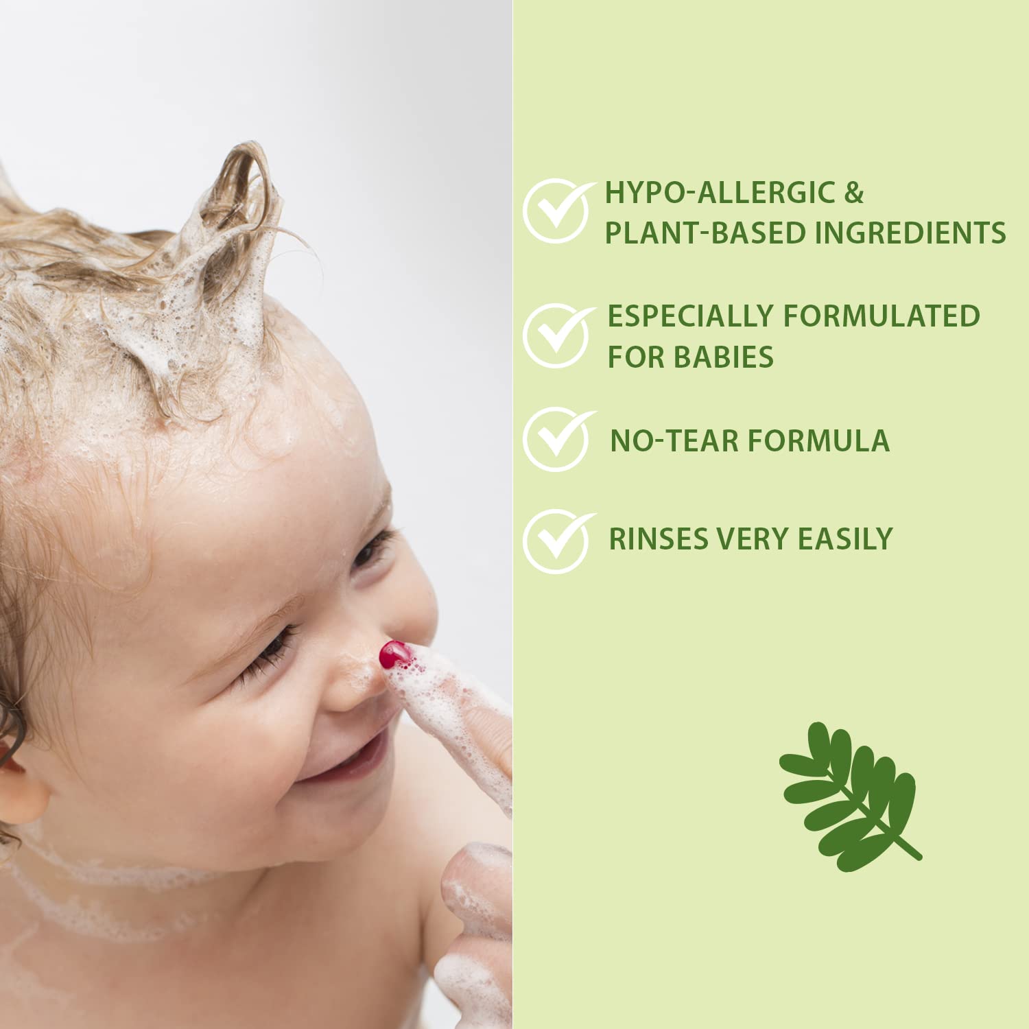 WBM Care 3-in-1 Baby Shampoo, enriched with honey, wheatgerm, and organic olive oil, nourishes baby hair with a gentle, tear-free formula for healthy care