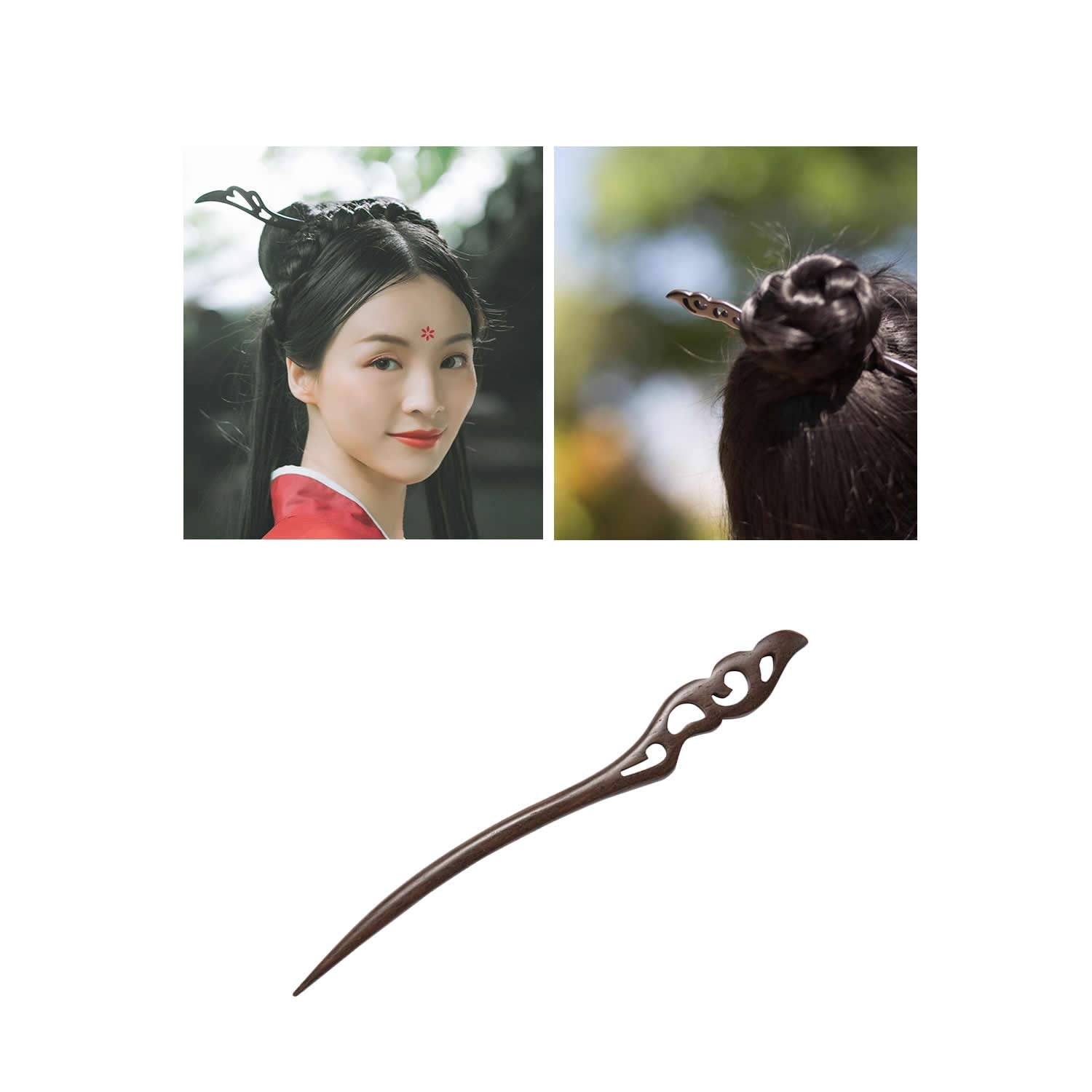 Lawie 7 Pack Handmade Chinese Japanese Black Wood Hair Pins Picks Wooden Carved Long Fork Pen Hairpins Sticks Clips Barrettes for Hair Bun