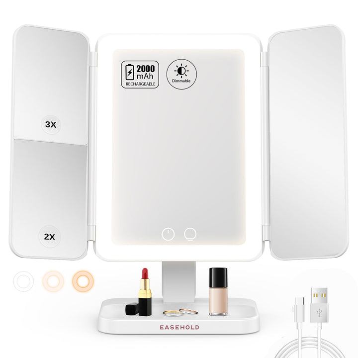 Makeup Mirror with lights, Rechargable Lighted Makeup Mirror with Magnification, 2X 3X, Portable Led Makeup Mirror, 3 Color Lights, Touch Sensor, Trifold Vanity Mirror, Light Up Mirror for Tabletop