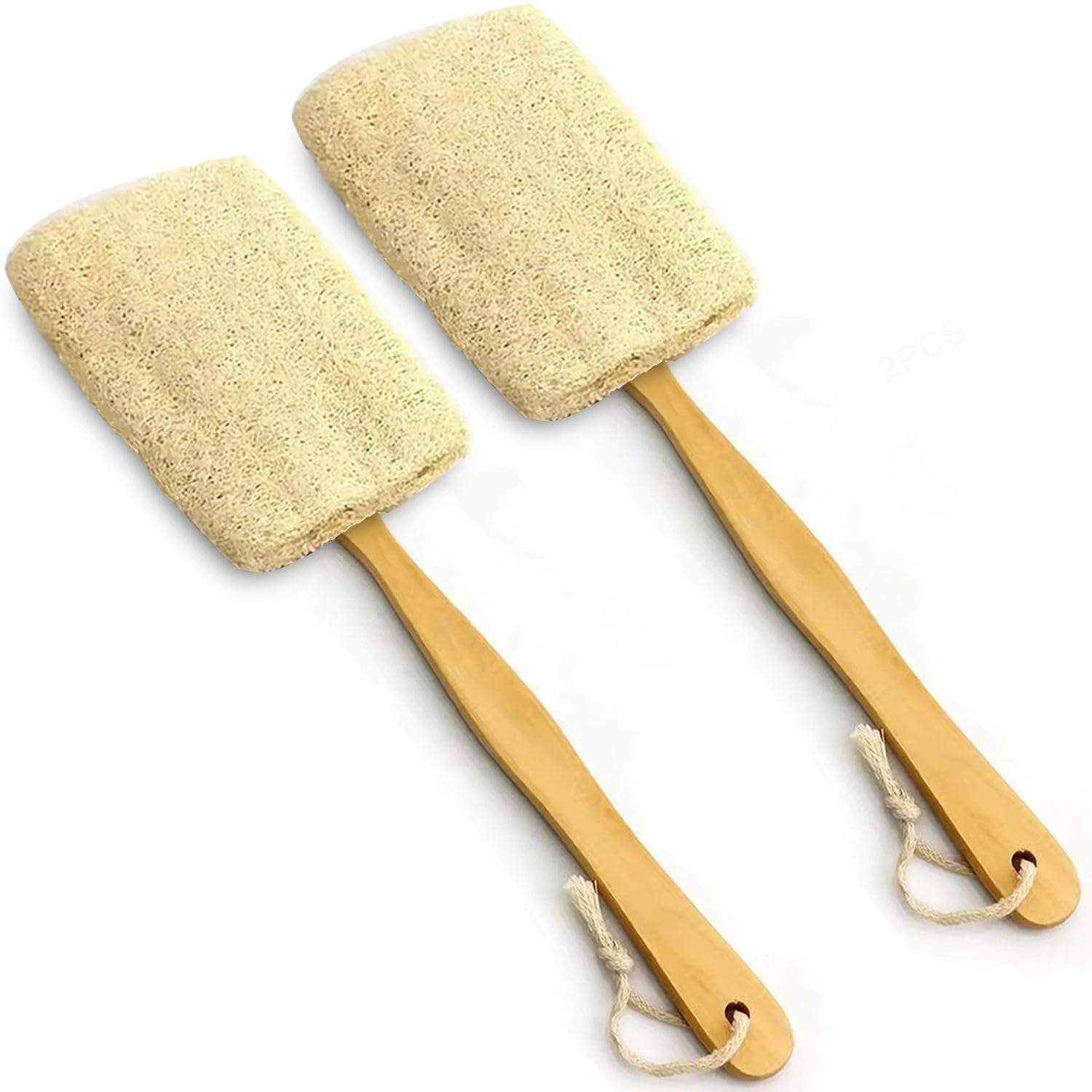 Natural Exfoliating Loofah Back Scrubber Bath Brush with Long Wooden Handle for Body Shower Bath Spa, 2 Pack