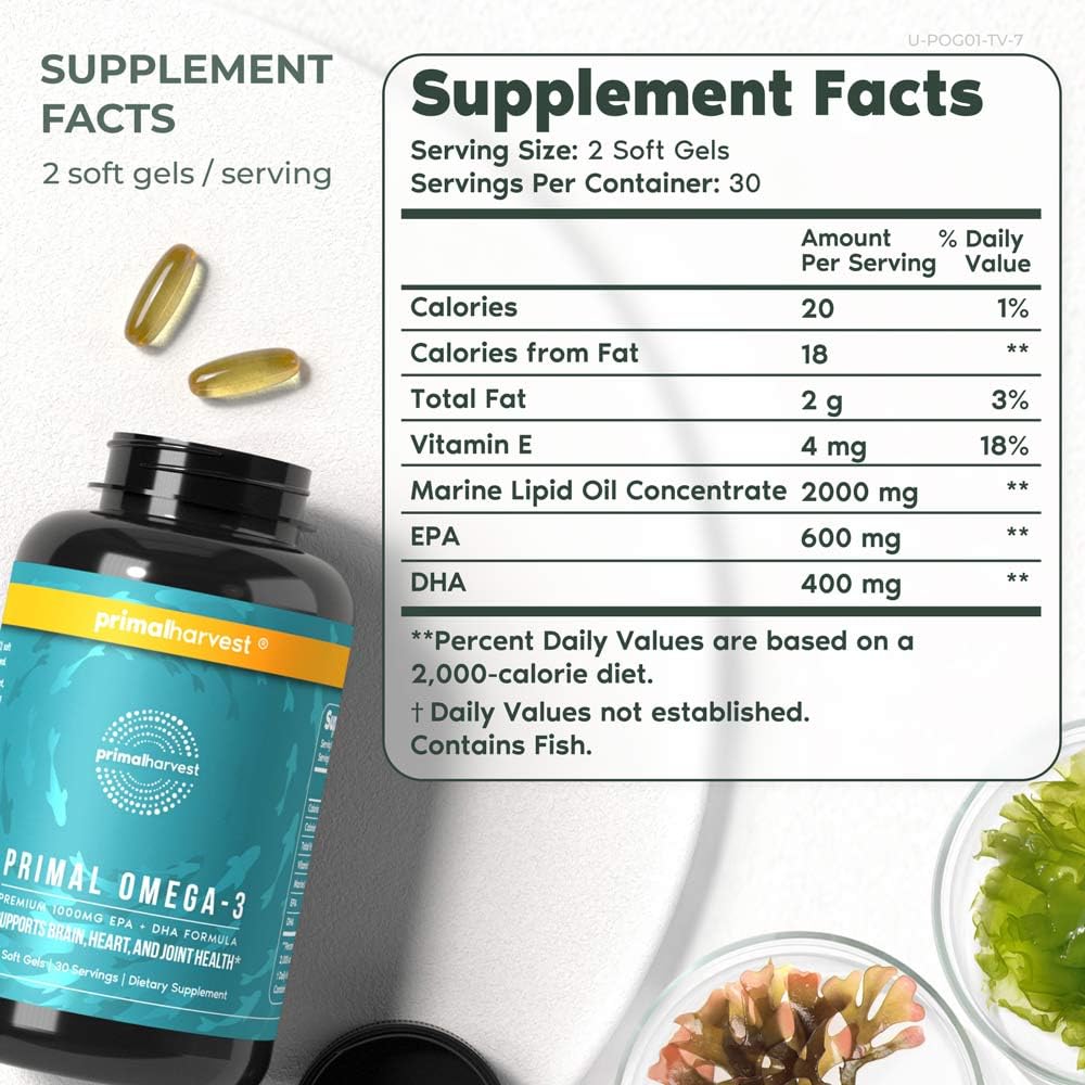 Primal Harvest Omega 3 Fish Oil Supplements, 30 Servings Soft Gels Capsules w/ 1000mg EPA + DHA Supplements, No Fishy Burps Non-GMO Omega 3 Fatty Acid