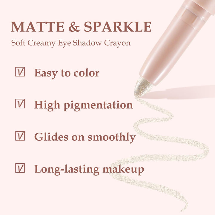 Boobeen Waterproof Eyeshadow Pencil, Cream Eye Shadow Pen, Matte & Shimmer Crayon Long Lasting Eyeshadow Makeup, Quick-drying for Eye Brightener Makeup