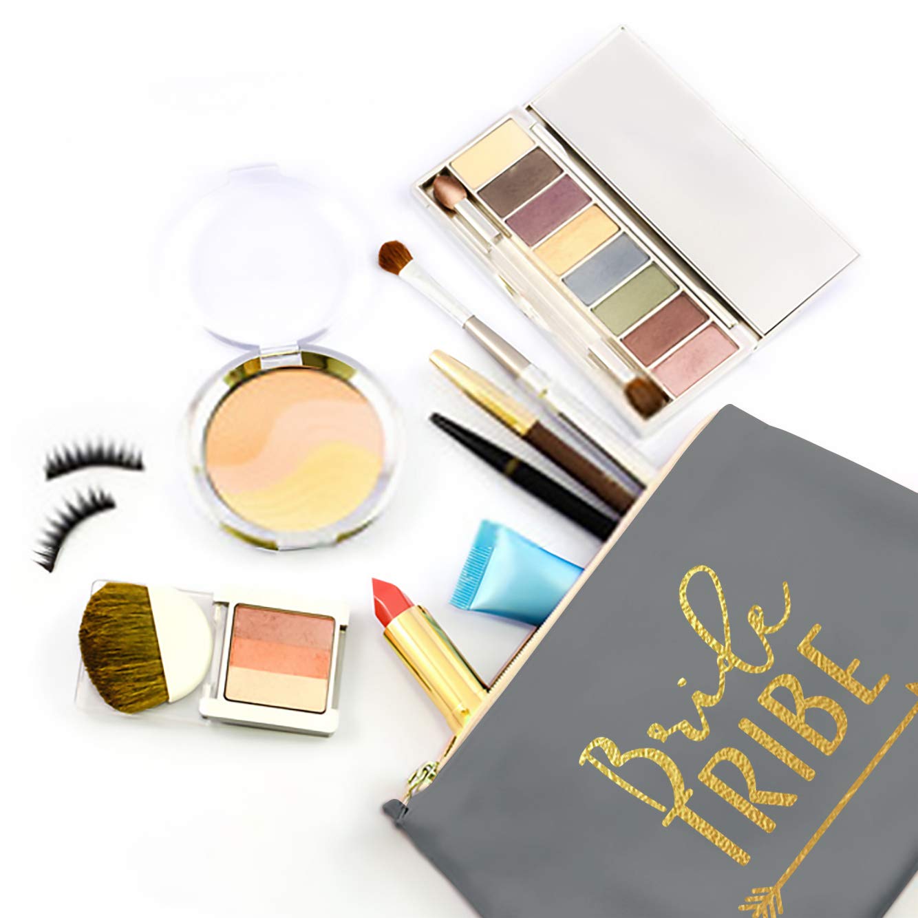 6 Piece Set | Bride Tribe Canvas Cosmetic Makeup Clutch Gifts Bag for Bridesmaid Proposal Box & Bridesmaids Bachelorette Party Favors (Grey)