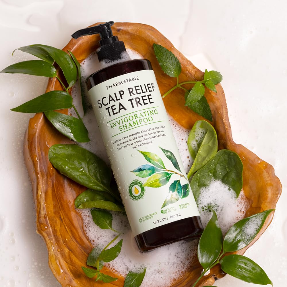 PHARM TO TABLE Tea Tree Shampoo For Men and Women, Deep Cleansing Sulfate-Free Formula - Relief for Dry Itchy Scalp - Infused with Tea Tree oil, Mint, Biotin and Vitamin E, 16.2oz