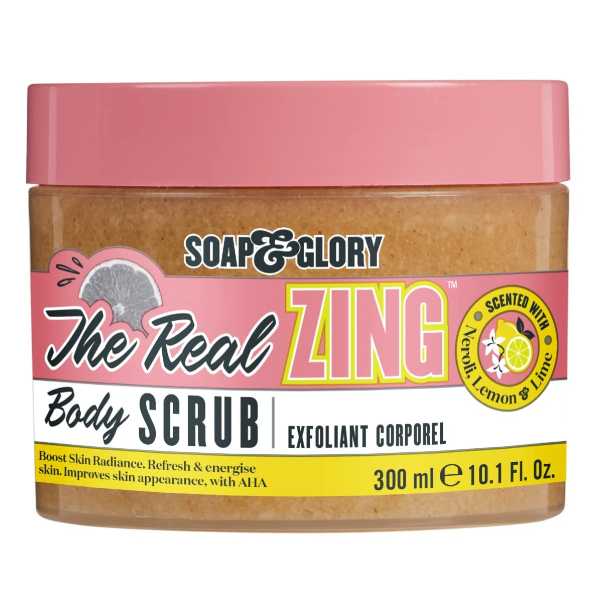 Soap & Glory The Real Zing Body Scrub - Smoothing & Buffing Sugar Scrub - Lemon Citrus Scented Body Polish - Skin Brightening Sea Salt Scrub (300ml)