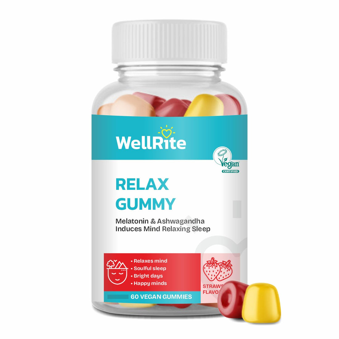 Wellrite Relax Gummy Vitamins with Ashwagandha & Melatonin, 60 Count, Strawberry Flavored, Vegan, Gelatin Free, Gluten Free, Nut Free, Relaxes Mind, Soulful Sleep