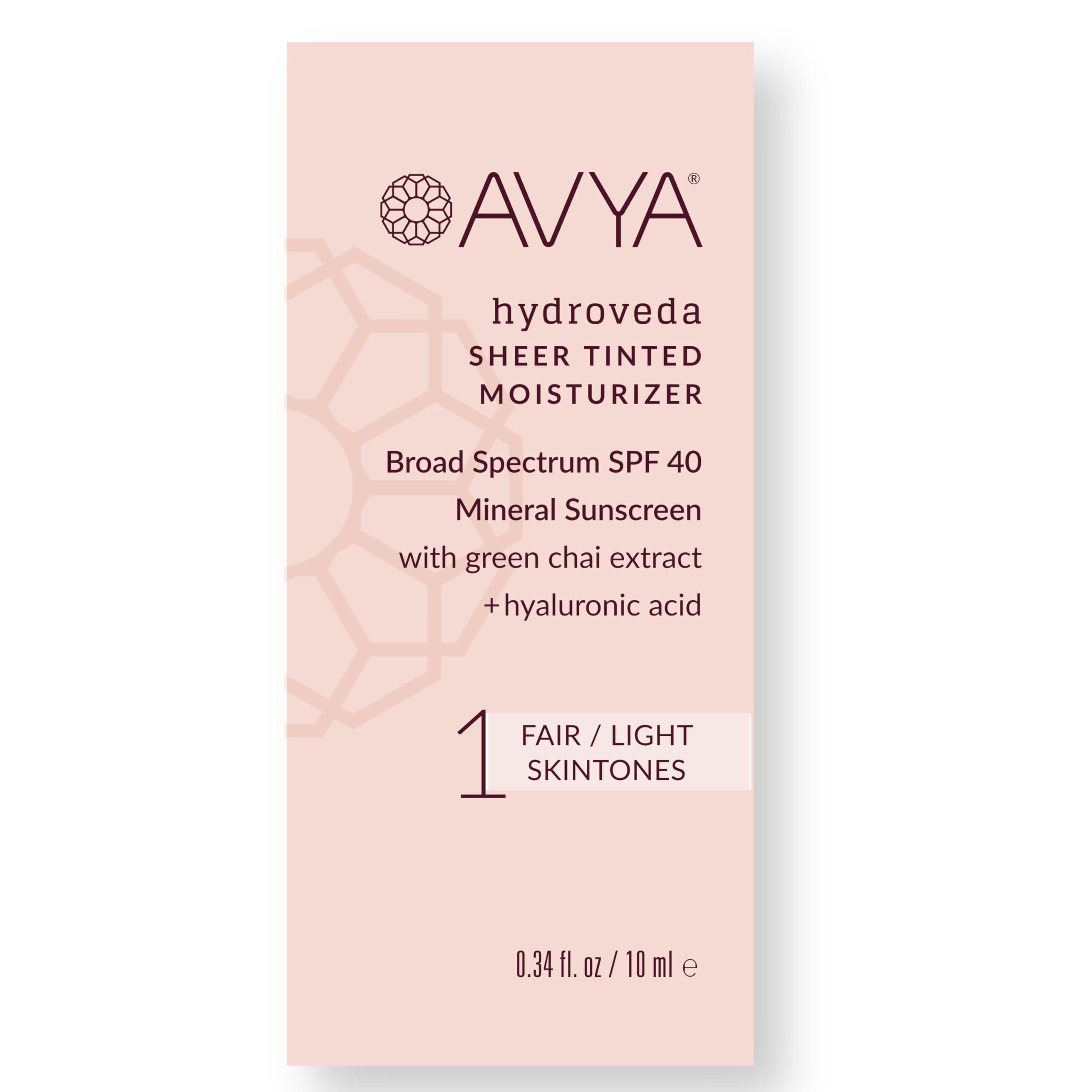 AVYA SPF 40 Sheer Tinted Moisturizer with Hyaluronic Acid & Green Chai – Advanced Ayurvedic Skincare Treatment for Balanced and Brighter Skin/Fair & Light Skintones Shade #1 (0.34oz/10ml)