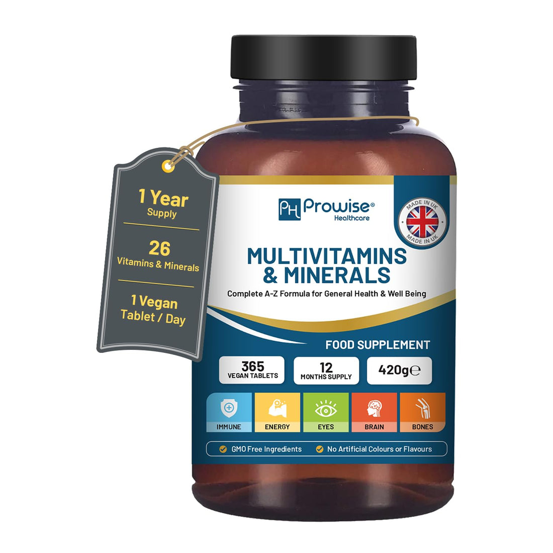 A-Z Multivitamins & Minerals I 365 Vegan Tablets (1 Year Supply) I 26 Essential Active Vitamins, Minerals & Micronutrients for Men and Women I Made in The UK by Prowise Healthcare
