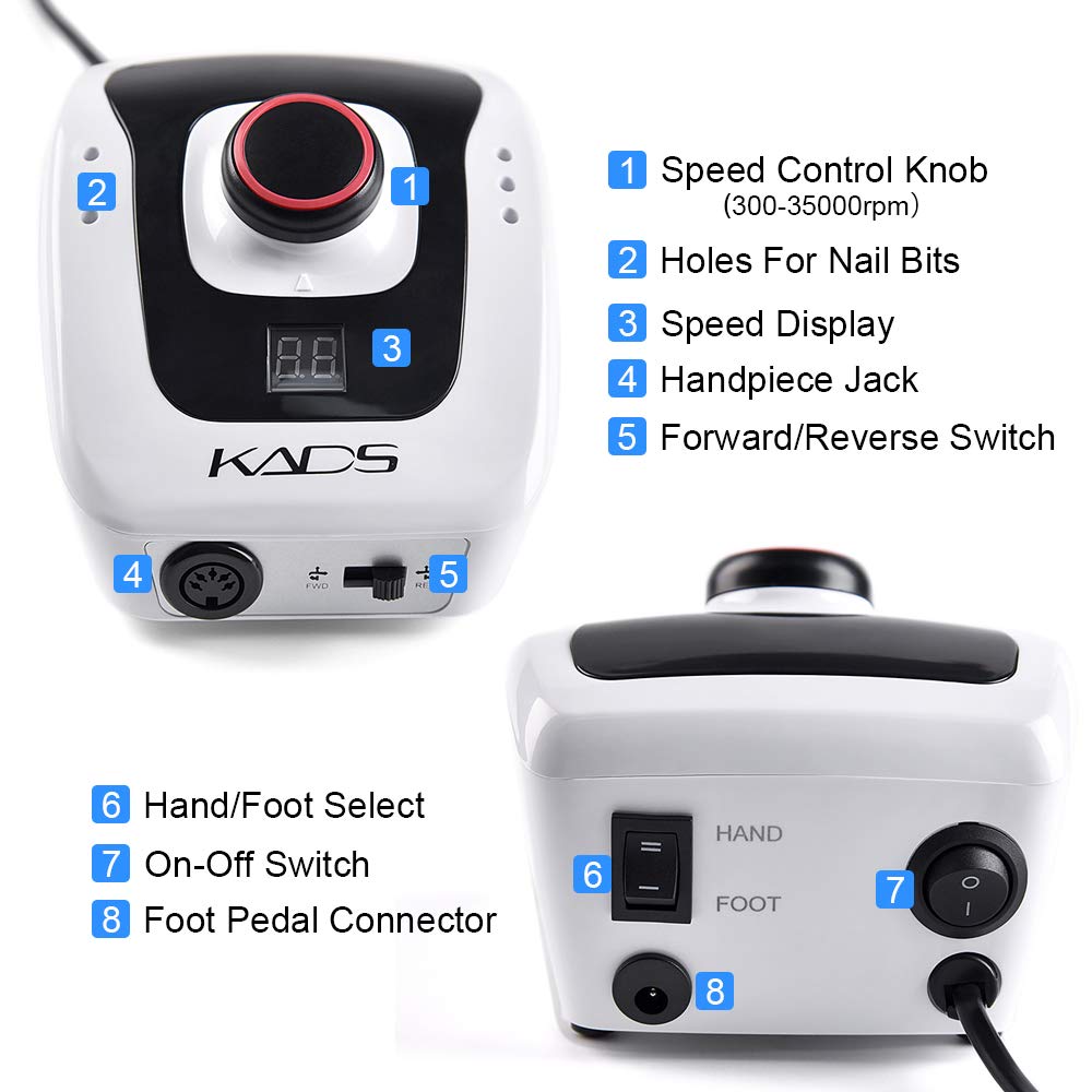 KADS New Arrival 300-35000RPM White Nail Equipment Manicure Pedicure Tools Electric Nail Art Drill Pen Machine Set for Nail Art