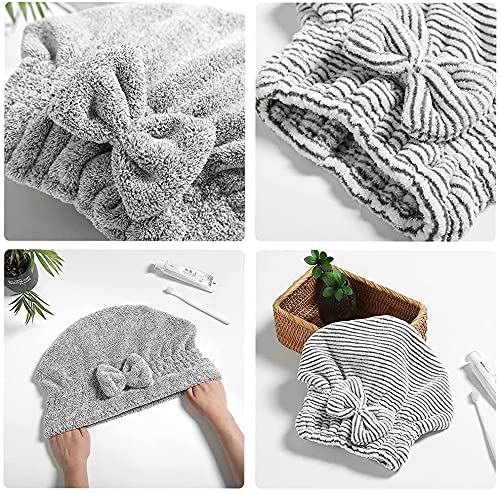 SportMore Microfiber Hair Towel Cap,Soft Absorbent Quick Drying Cap for Curly Thick Hair, Wrap Cap for Women Girls-Set of 2 Pcs (Stripe&Gray)