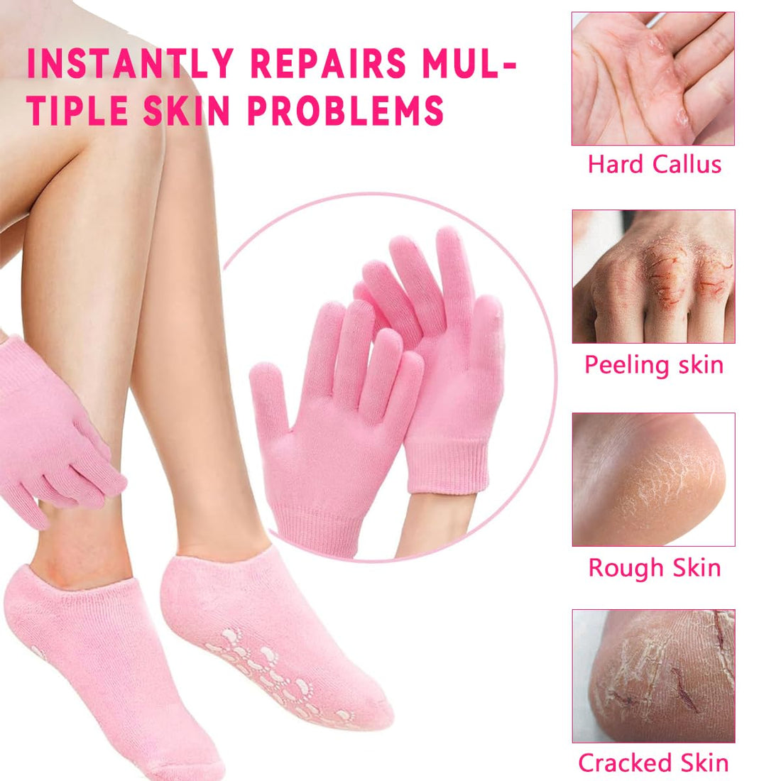Moisturizing Glove and Sock, Gel Spa Moisturizing Therapy Sock & Glove, Soften Repairing Dry Cracked, Hands Feet Skin Care, Effective in Repair Dry and Chapped Hands and Feet Skin Care(4 PCS Pink)