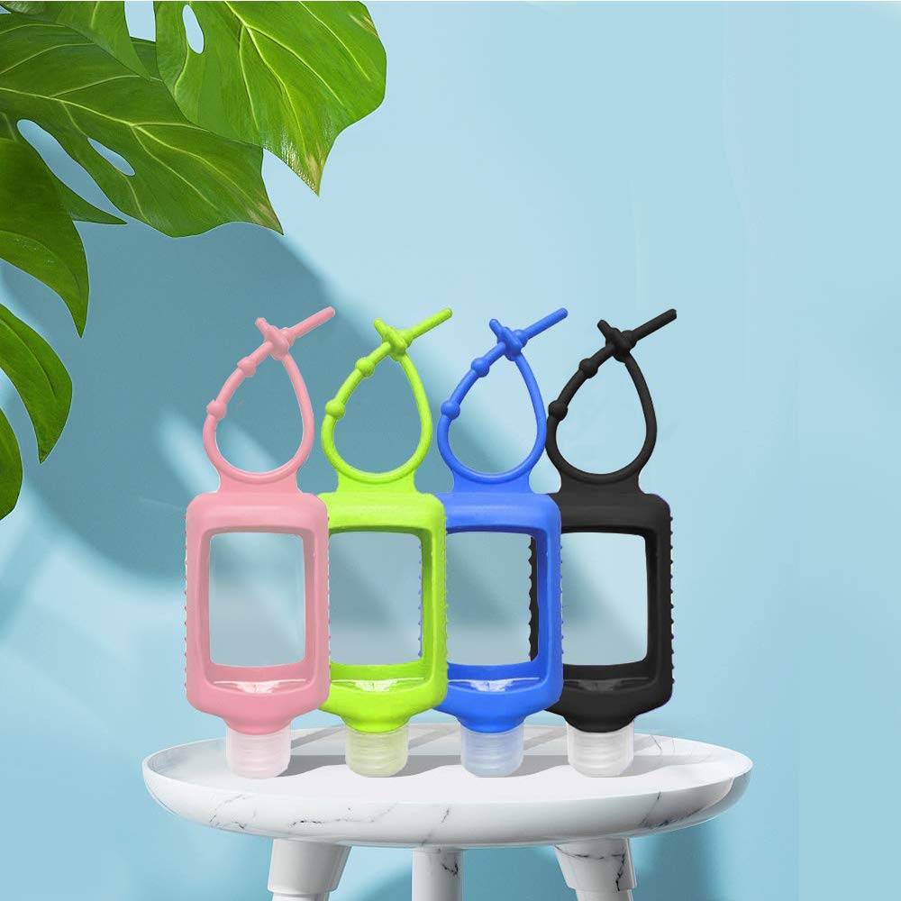 4 Pack Travel Size Plastic Clear Bottles w/Silicone Sleeve Refillable Empty Squeeze Containers Leakproof Flip Cap Keychain Bottles Hand Sanitizer Holder for Backpack Travel Outdoor (60ml/2oz) (A)