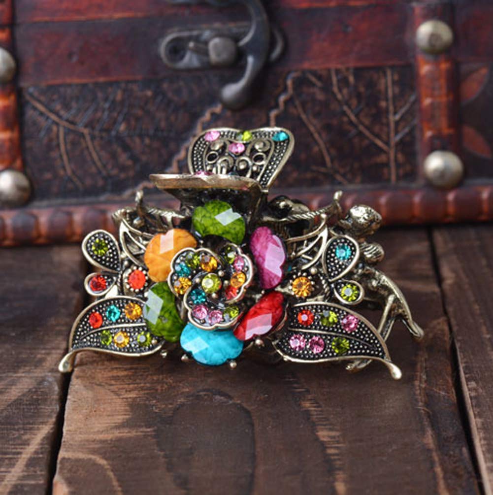 Numblartd Vintage Chic Rose Flower Crystal Rhinestone Imitation Turquoise Fancy Hair Claw Jaw Clips Pins - Women Girls Retro Alloy Hair Updo Grip Hair Catch Hair Accessories For Me