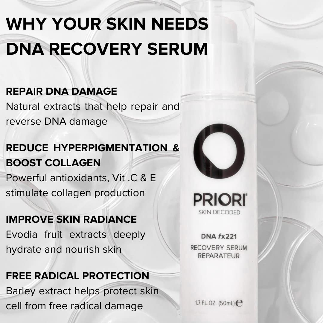 Priori DNA fx221 Recovery Serum, Repairing, Correcting Skin Treatment, Free Radical Protection, Beauty Boost, Intense Hydration, Oil Free, Age Defying Day & Night Face Serum, 1.7 fl oz (50 ml)
