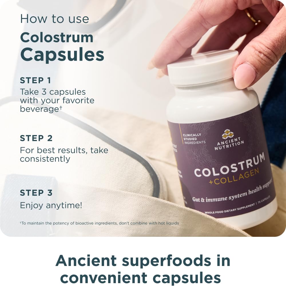 Ancient Nutrition Colostrum Superfood + Collagen, Grass Fed Bovine Colostrum, Fermented Eggshell Membrane Collagen, Supports Healthy Gut Microbiome and Immune System, 75 Count