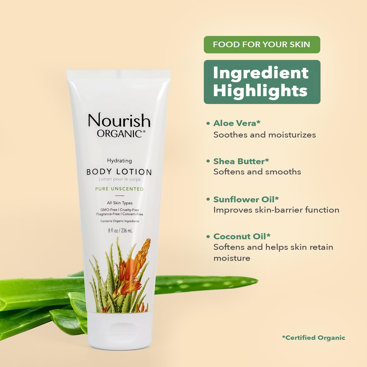 Nourish Organic | Pure Unscented Hydrating Body Lotion | GMO-Free, Cruelty Free, 100% Vegan (8oz)