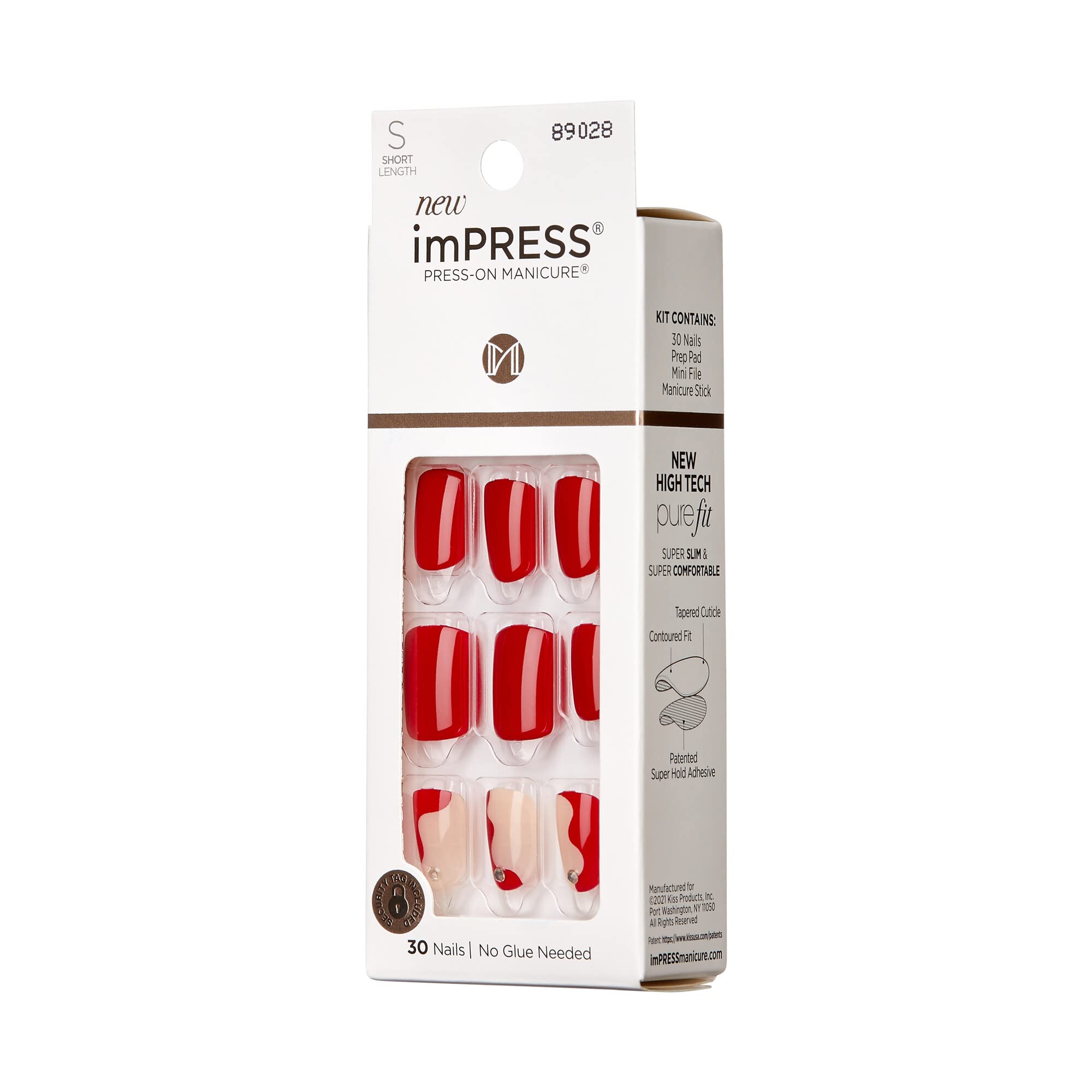 KISS imPRESS No Glue Mani Press On Nails, Design, 'Adore You', Red, Short Size, Squoval Shape, Includes 30 Nails, Prep Pad, Instructions Sheet, 1 Manicure Stick, 1 Mini File