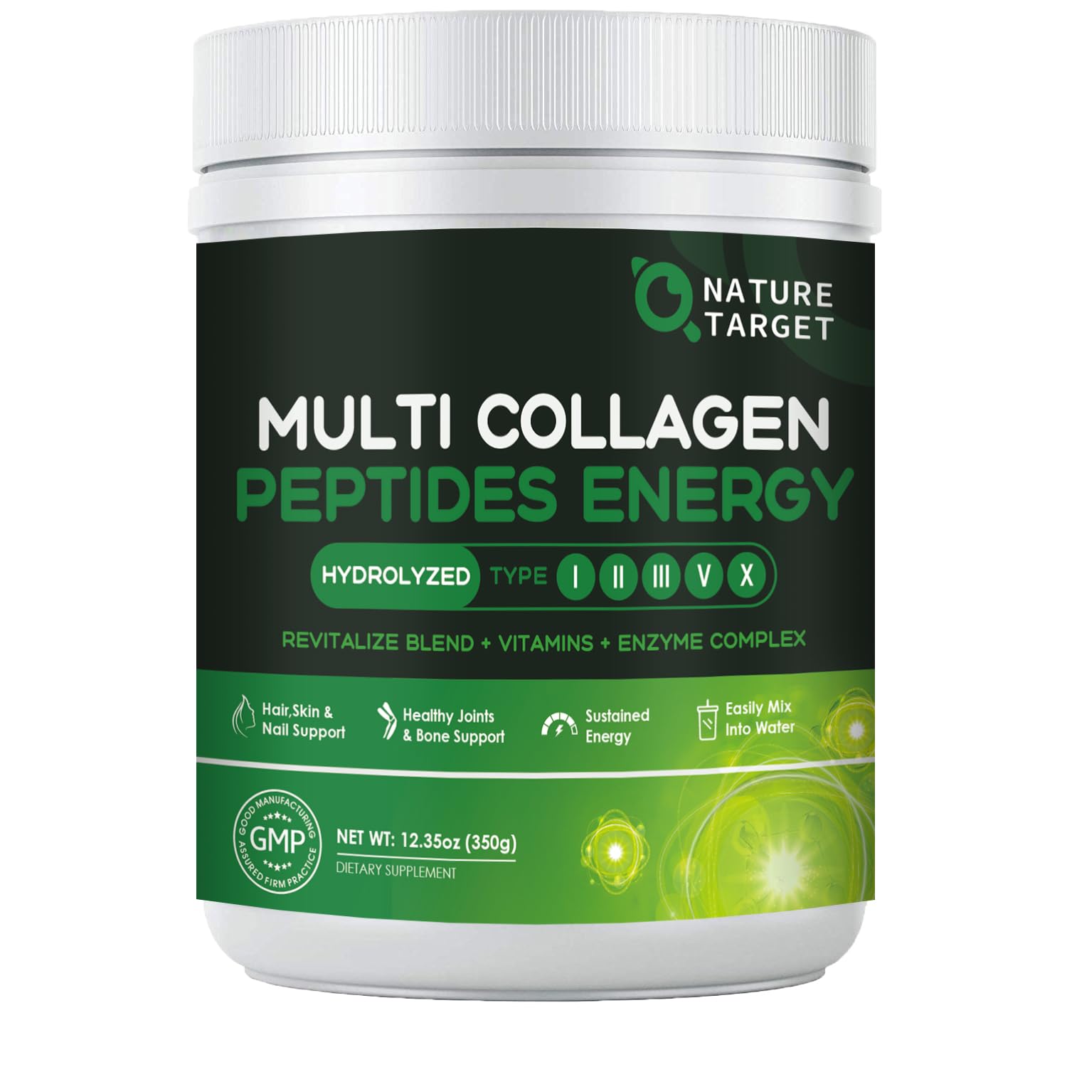 NATURE TARGET Multi-Collagen-Peptides-Powder - Hydrolyzed Collagen with Energy Blend + Multivitamin & Minerals, Supports Energy Skin Hair Nail & Joint, Non-GMO, 35 Servings