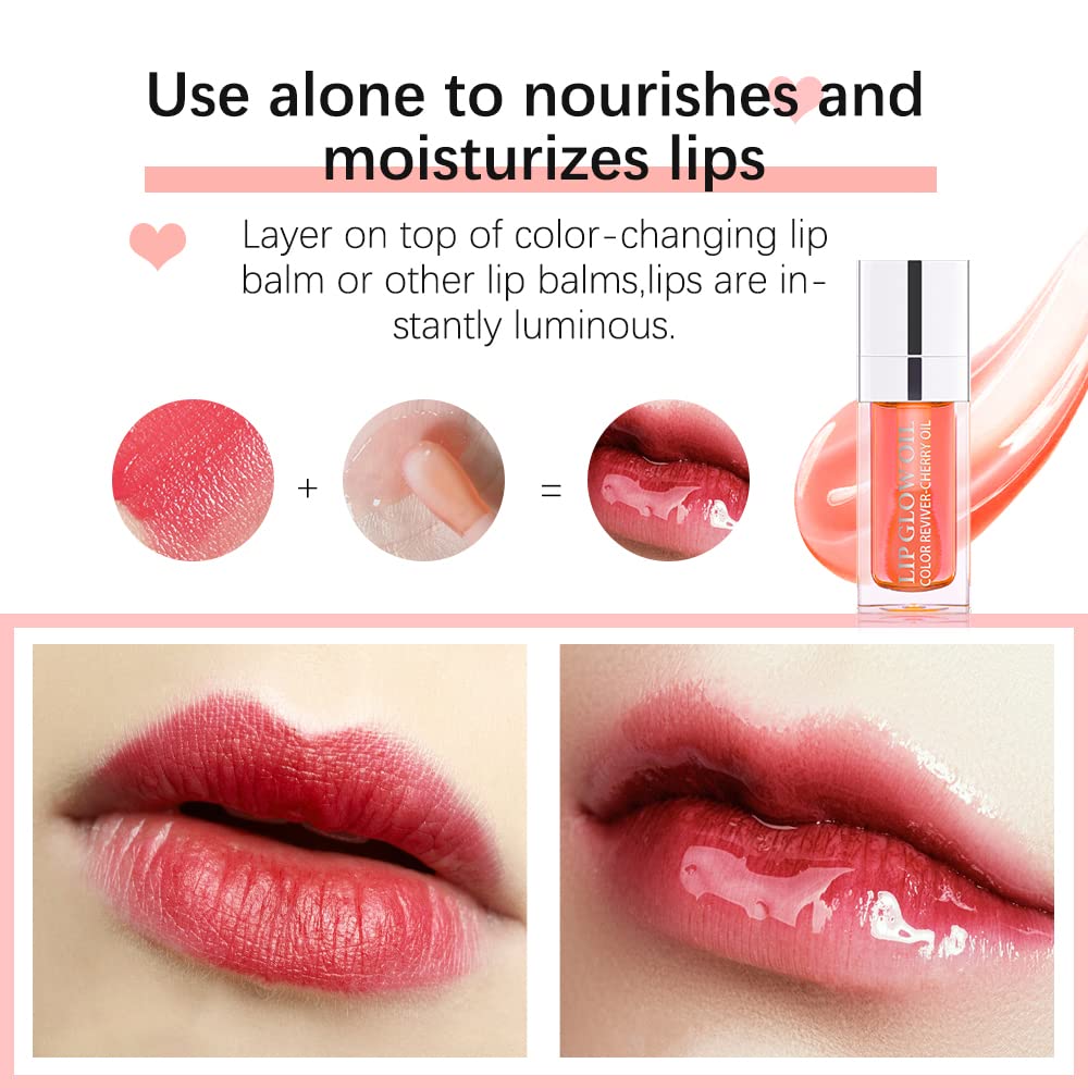 Hydrating Lip Glow Oil - Moisturizing, Plumping, Non-Sticky Long Lasting Gloss - Transparent Tinted to Reduce Lines (Pink(#001))