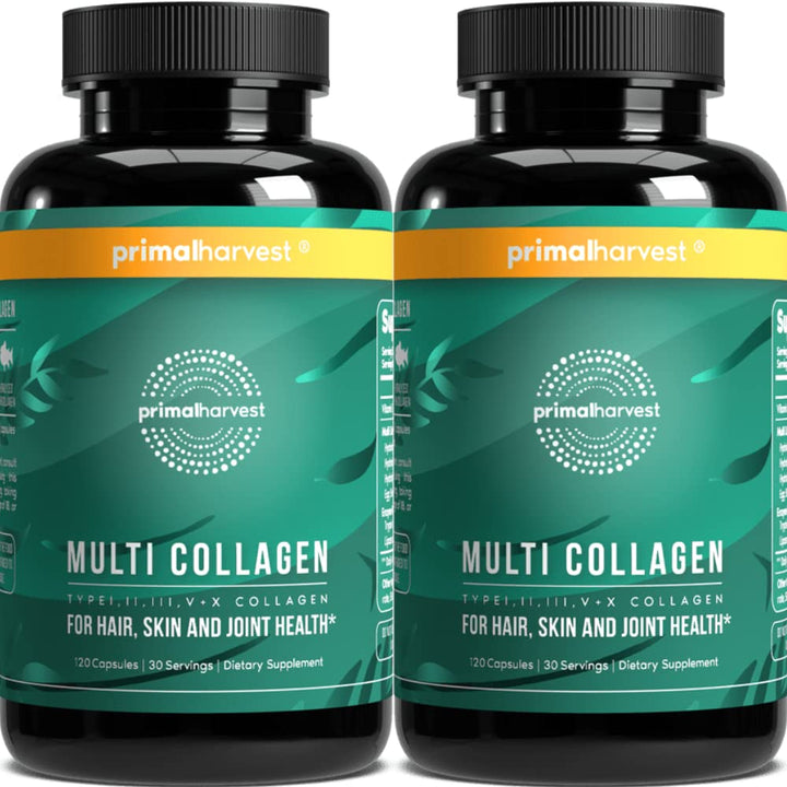 Primal Harvest 2 Pack, Multi Collagen Pills for Women and Men (Type I, II, III, V, X) Collagen Supplements for Women and Men, 120 Capsules w/Vitamin C for Hair, Skin, Nails Collagen Peptides Pills
