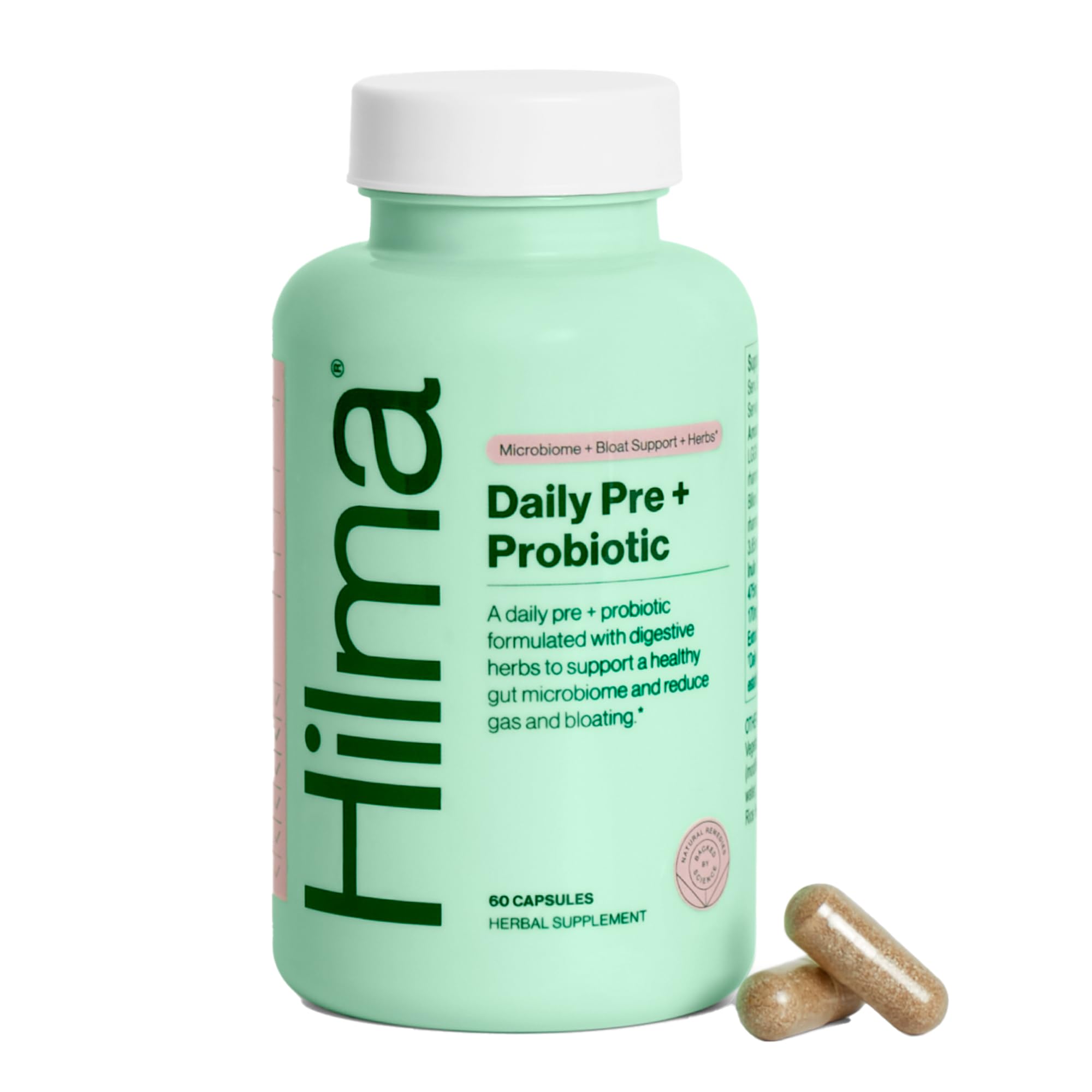 Hilma Pre and Probiotic with Herbs - Support Gut Health with Prebiotics and Probiotics, Plus Gas and Bloating Relief for Women & Men, 60 Vegan Capsules