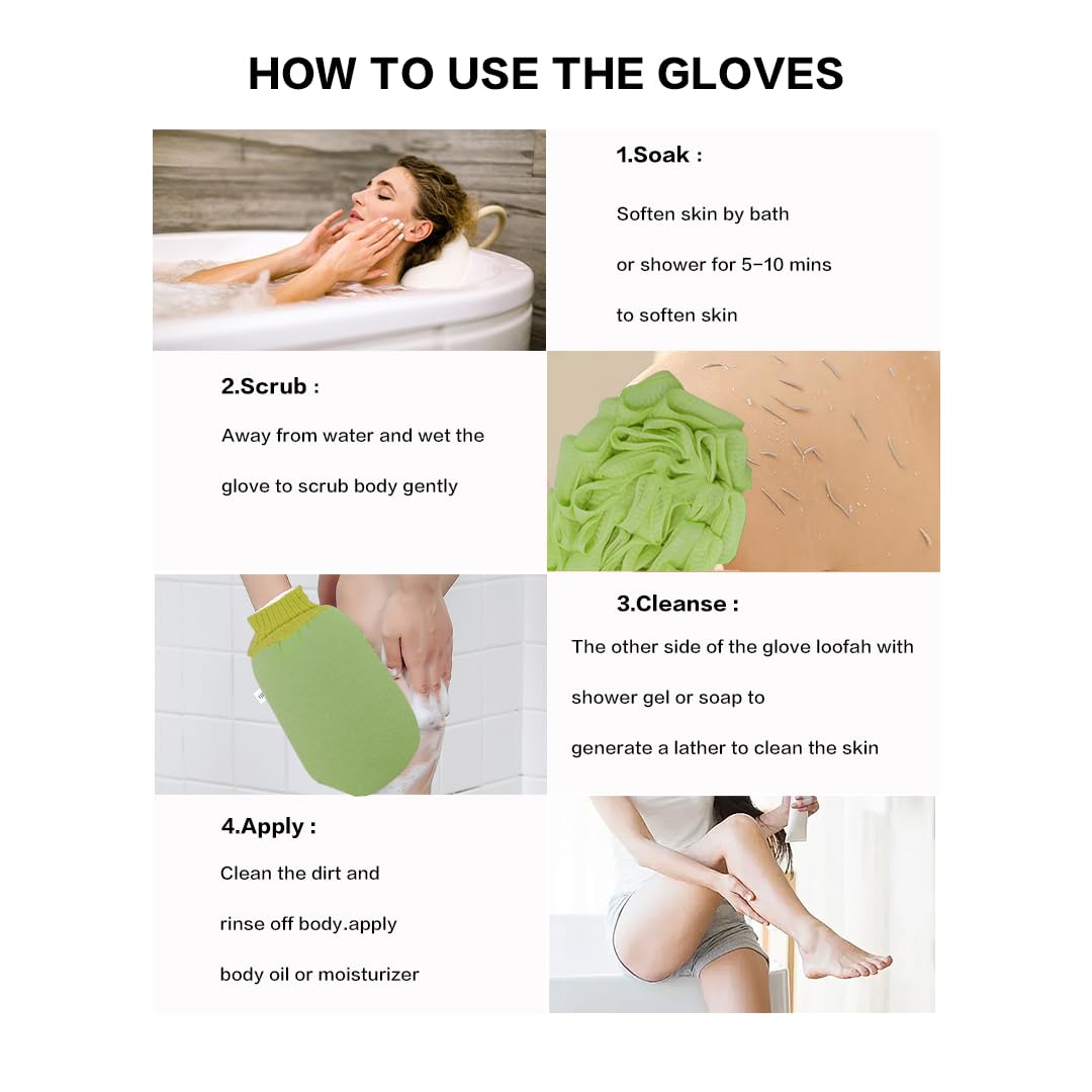Deep Exfoliating Glove for Shower, Double-Sided Exfoliating Mitt,Massage Body Scrub Gloves for Home Spa, Eco Friendly loofah Sponge, Dead Skin Remover & Body Scrubber Exfoliator (Green)