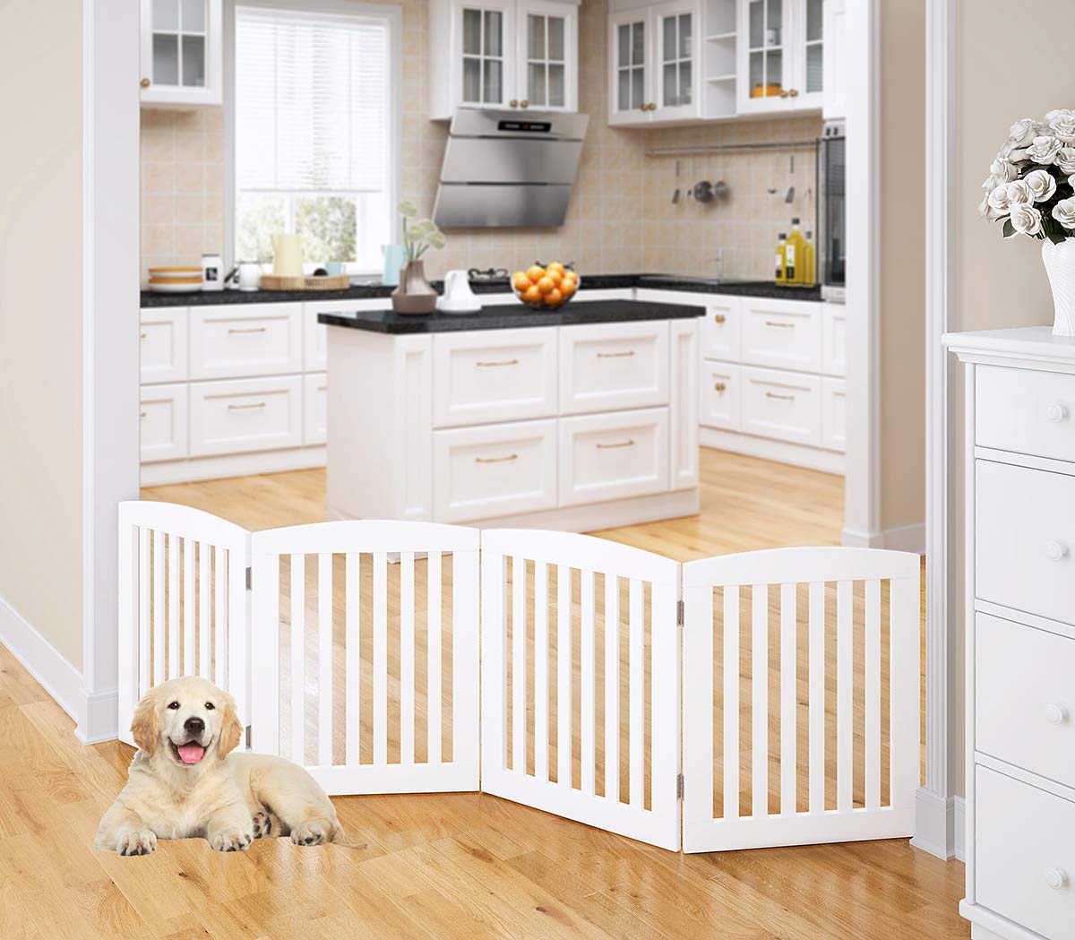 PAWLAND Wooden Freestanding Foldable Pet Gate for Dogs, 24 inch 4 Panels Step Over Fence, Dog Gate for The House, Doorway, Stairs, Extra Wide (White, 24 Height-4 Panels)