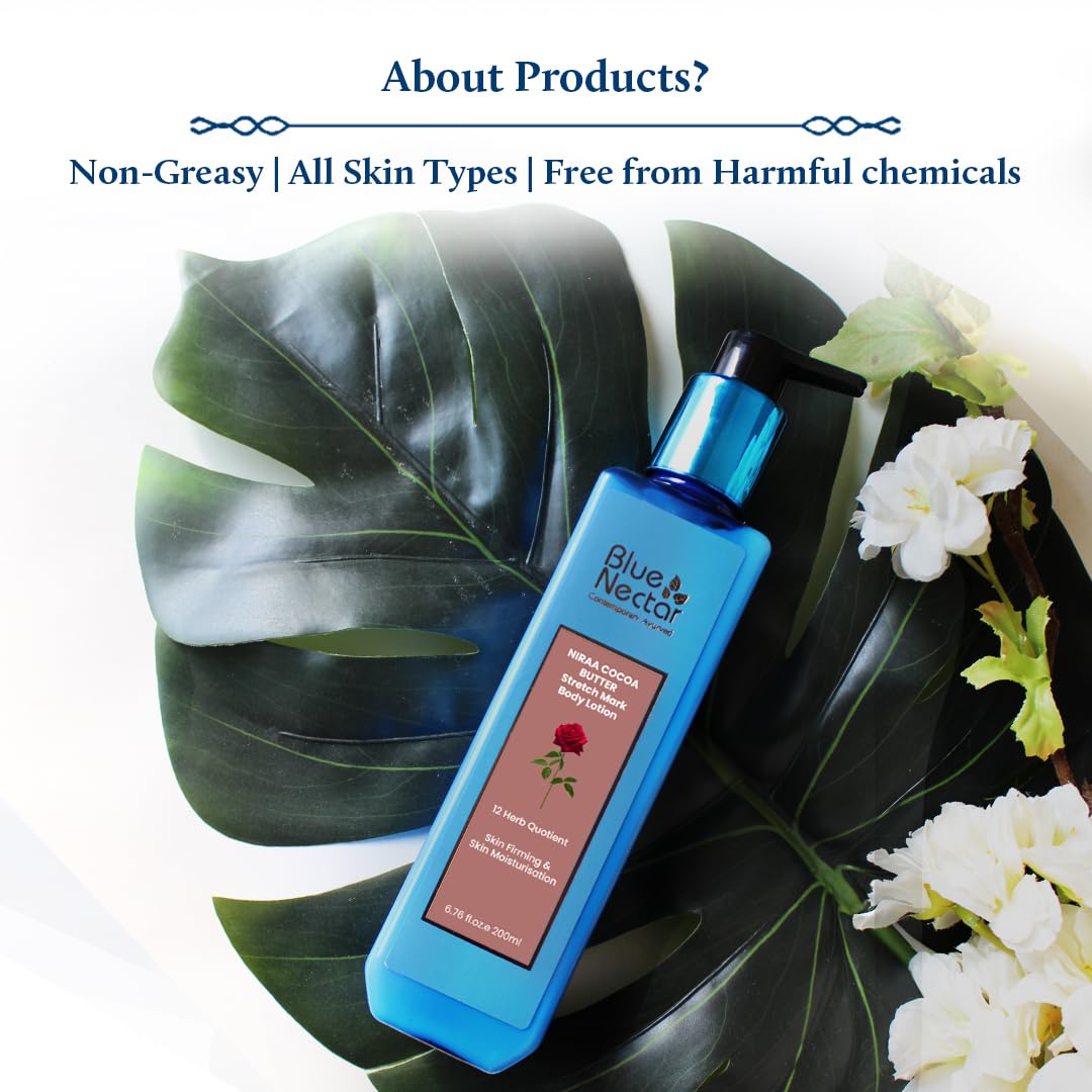 Blue Nectar Stretch Mark Cream for Pregnancy with Shea,Cocoa & Mango butter | Plant Based Moisturizing Body Lotion with Rose, Turmeric & Nalpamaradi Oil (12 Herbs, 200 ml)
