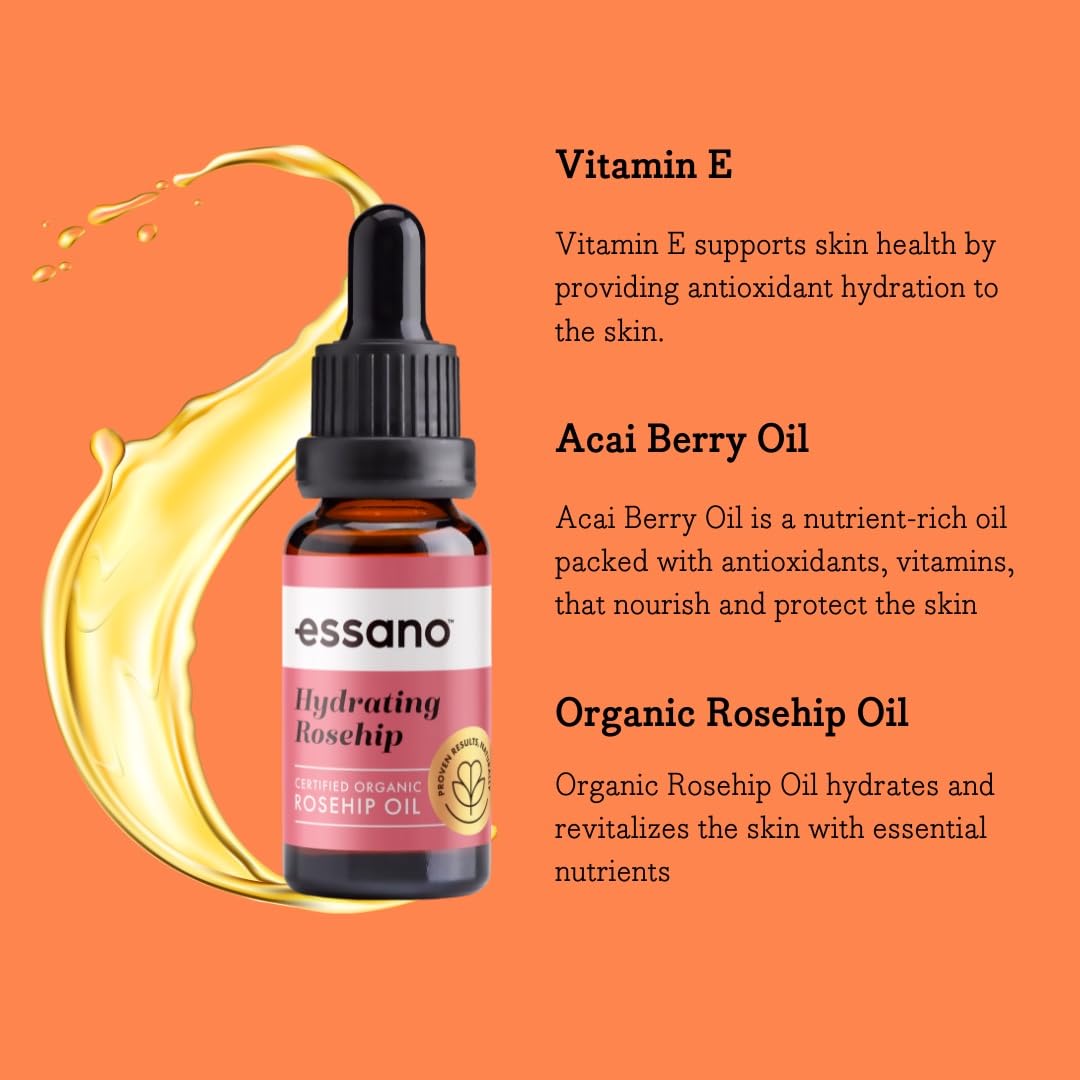 Essano Rosehip Oil for Face Organic Cold Pressed, Skin Care & Body Care with Vitamin E, Polyphenols, Natural Facial & Body Oil to Support Appearance of Fine Lines & Wrinkles, Cruelty Free, 20ml